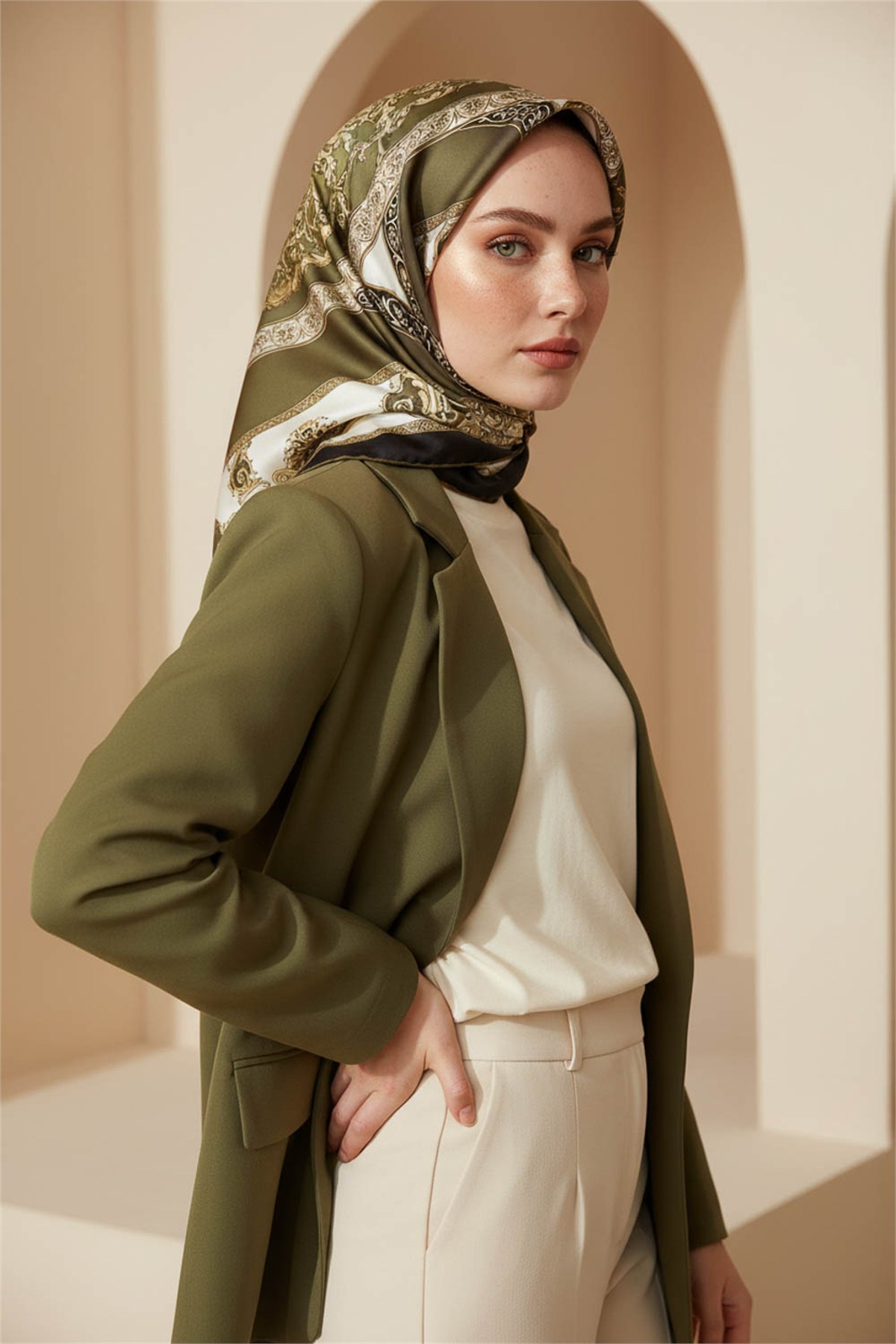 Twill Barok Desenli Haki Yeşili Renkli 90x90 Eşarp (İpek İçermez) Kenar Dikiş Şekli El Dikişli