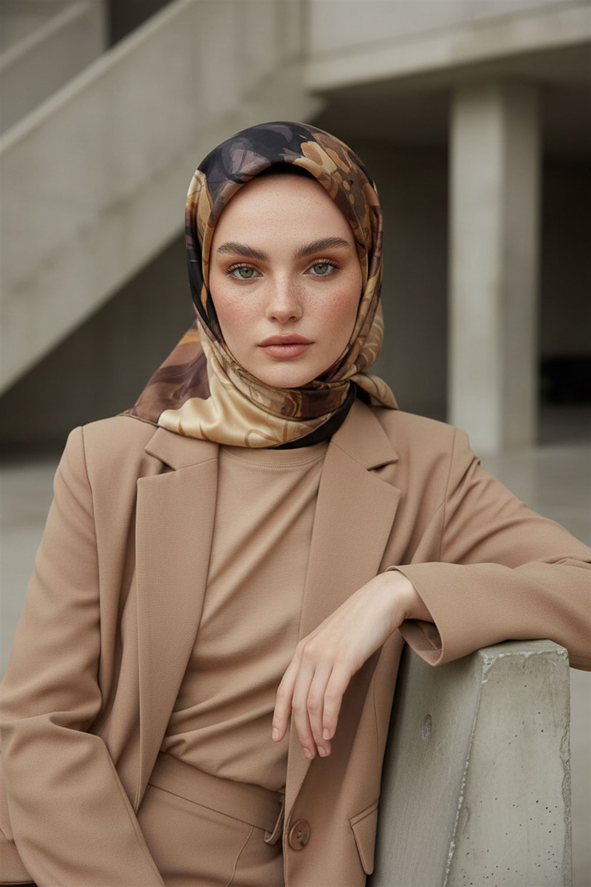 %100 Twill İpek Çiçekli Sulu Boya Dalga Desenli Hardal - Vizon Renkli 90x90 Eşarp Dikim Şekli : El Dikişi