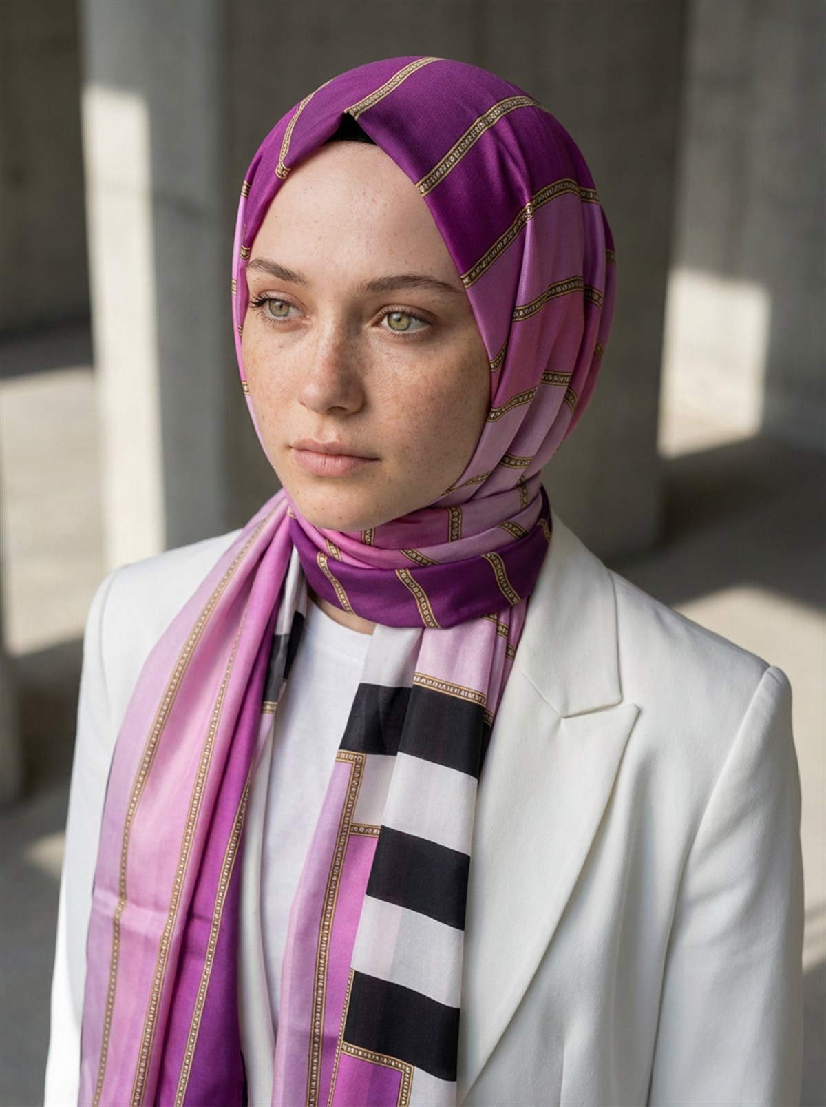 %100 Saf İpek Şal İnce Saten Vual Dokuma Şerit Desenli Mürdüm - Pembe Renkli 90x210 Şal