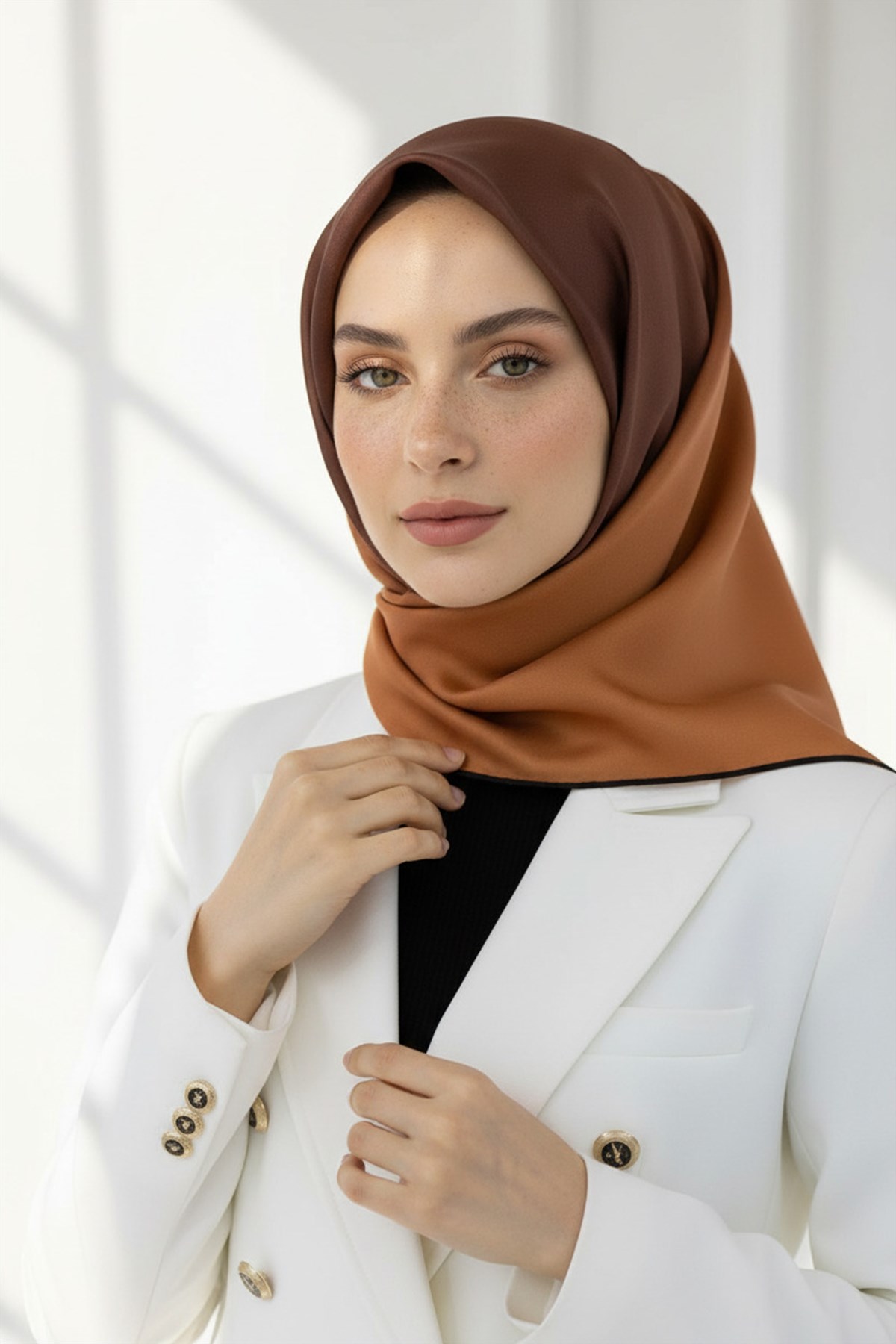 %100 Twill İpek Degrade Desenli Taba Renkli 90x90 Eşarp Dikim Şekli : El Dikişi