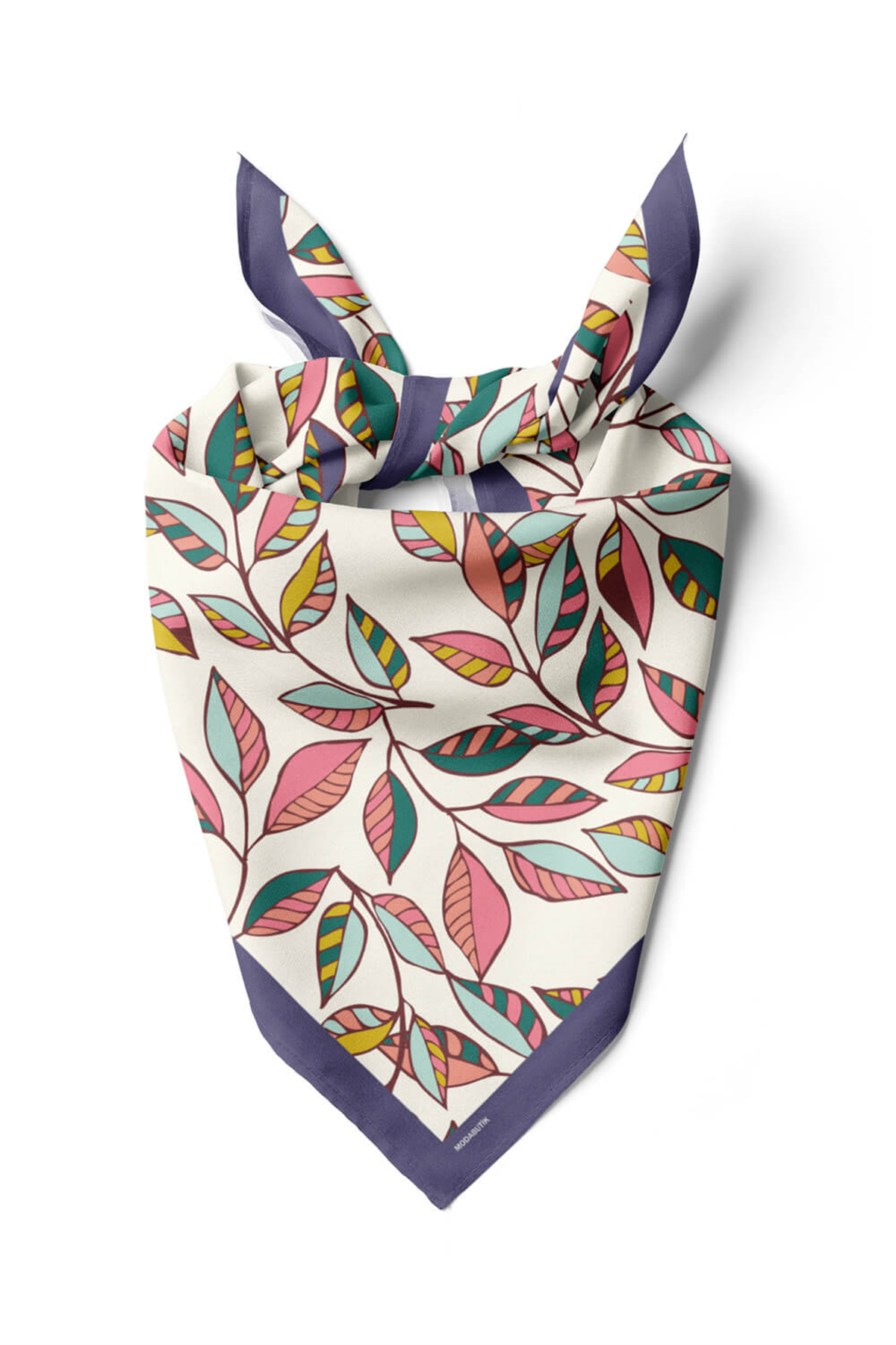 Y49 Kadın Yaprak Desenli Bandana 50x50 Turuncu Beyaz Yeşil DG0452-22