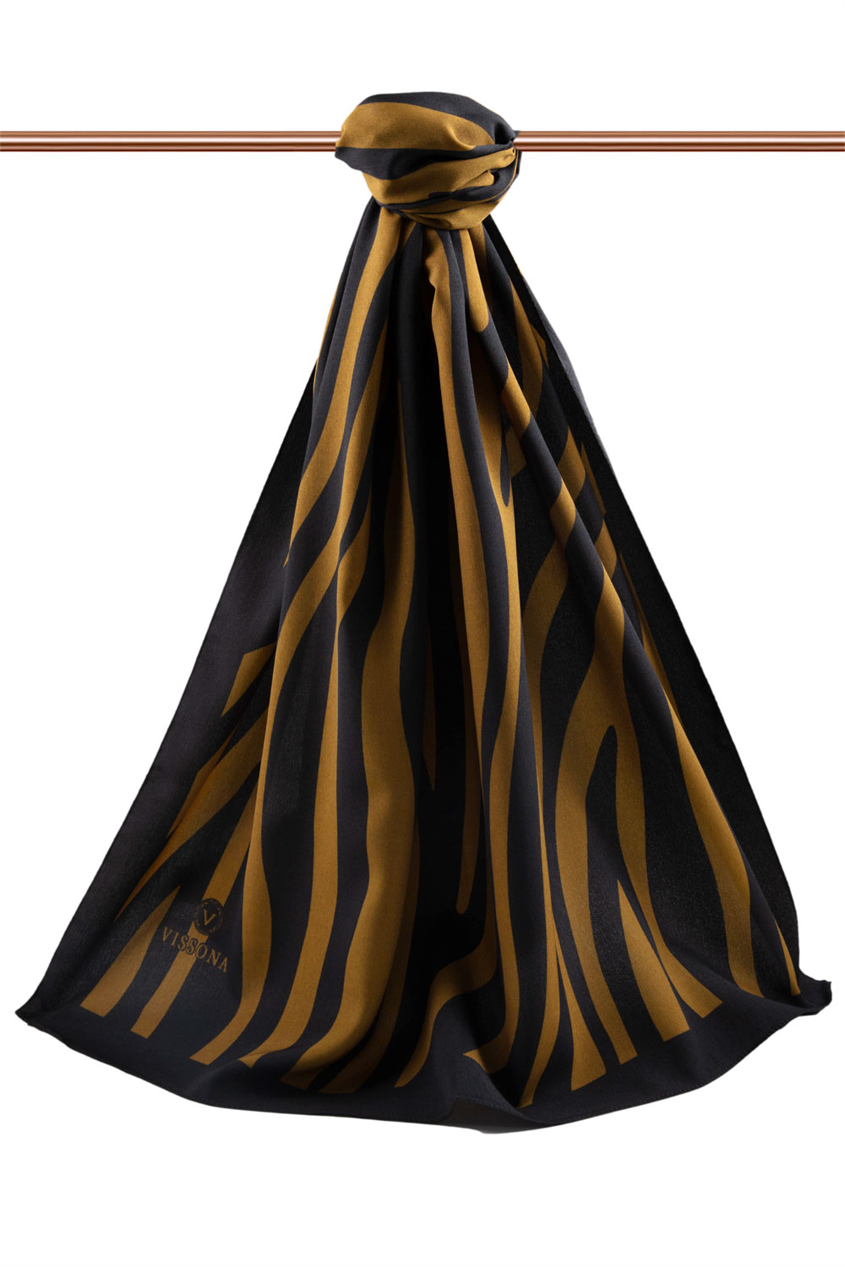 LÜKS MEDİNE İPEĞİ ZEBRA DESENLİ SİYAH - HARDAL RENKLİ 75X195 KIRIŞMAZ ŞAL MOSS KREP DİKİŞ TİPİ İTALYAN DİKİŞLİ