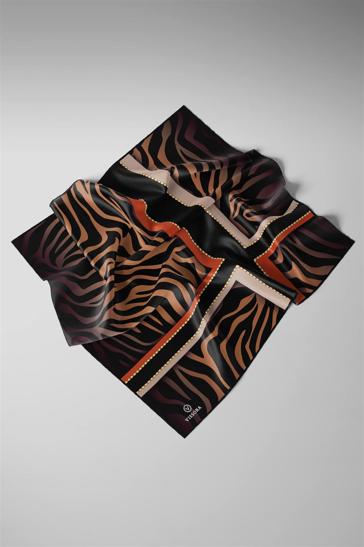 %100 Twill İpek Zebra Desenli Gold - Siyah Renkli 90x90 Eşarp Dikim Şekli : El Dikişi