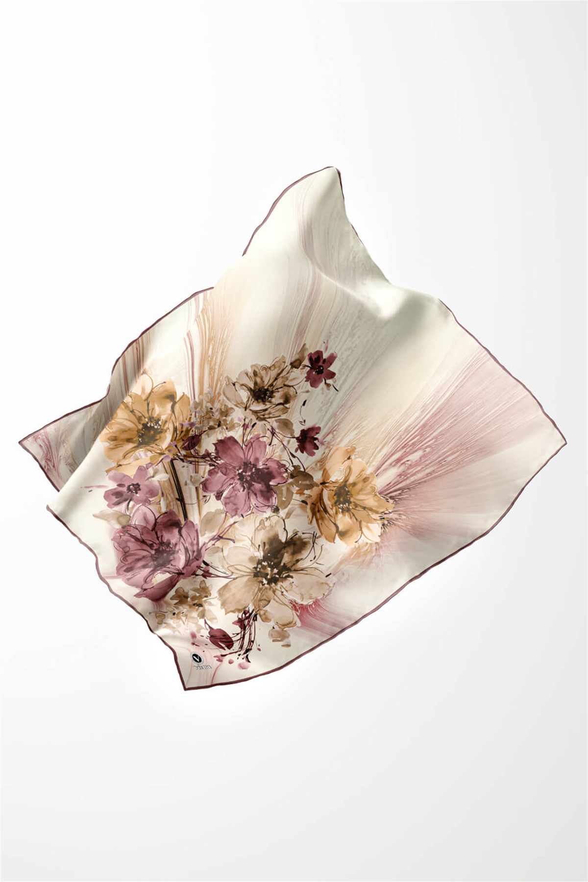 Twill Çiçek Desenli Gül Kurusu Renkli 90x90 Eşarp (İpek İçermez) Kenar Dikiş Şekli El Dikişli