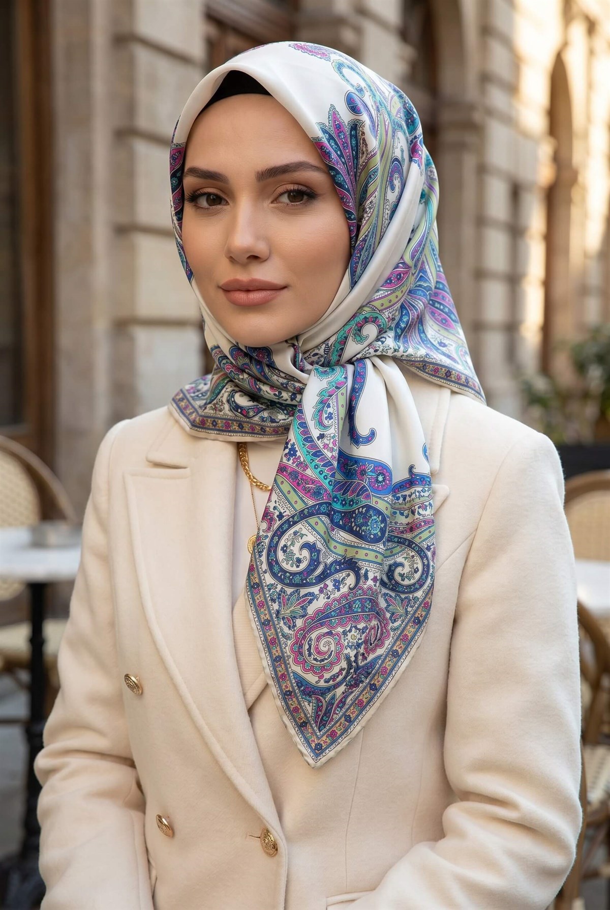 %100 Twill İpek Şal Desenli Krem - Saks Renkli 90x90 Eşarp Dikim Şekli : El Dikişi