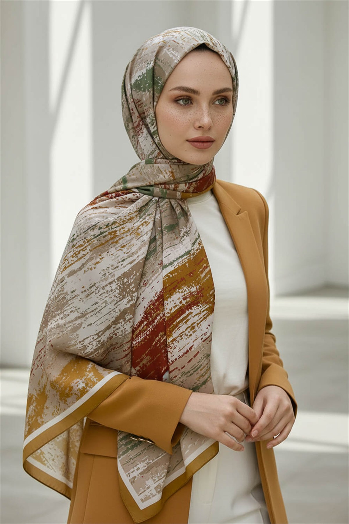 KREP FIRÇA DESENLİ HARDAL RENKLİ 75X195 KIRIŞMAZ ŞAL