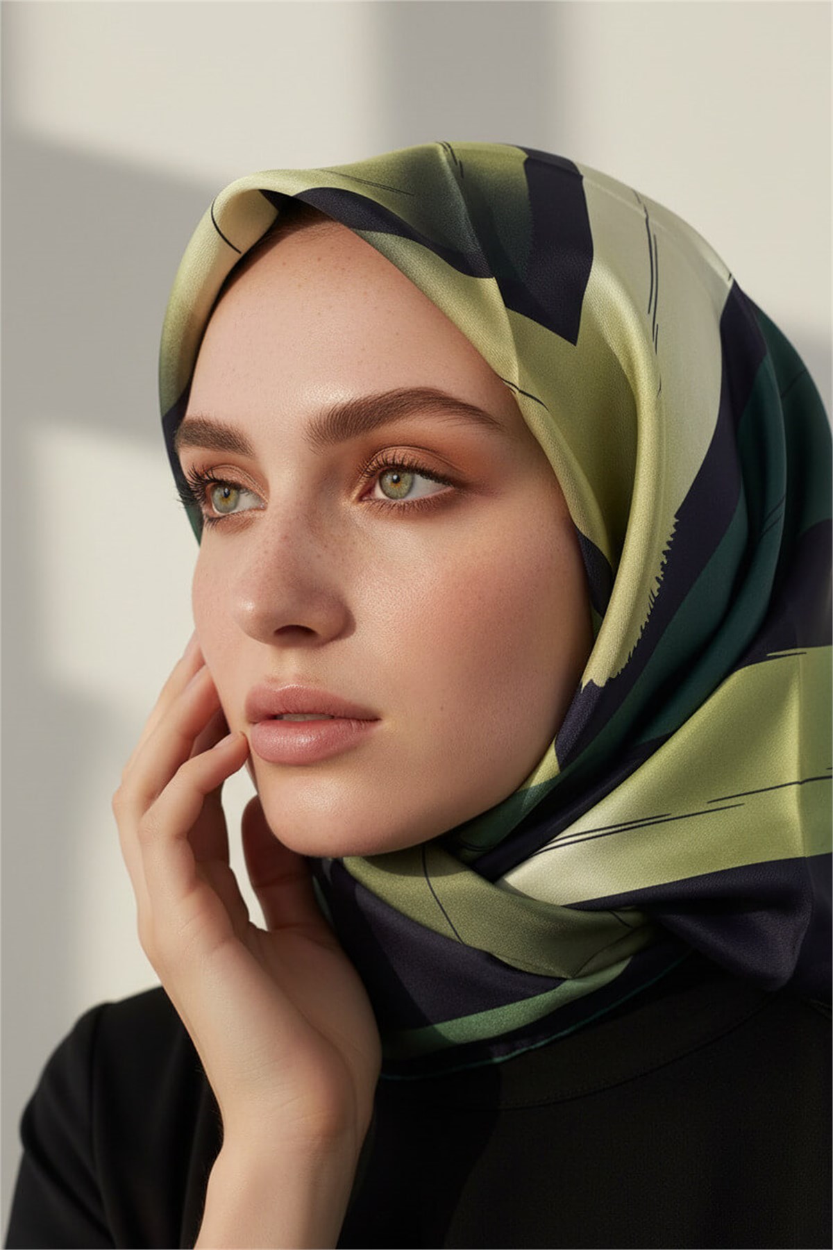 %57 İPEK %43 VİSKON Twill İpek Geometrik Fırça İzi Desenli Siyah - Zümrüt Yeşili Renkli 90x90 Eşarp Dikim Şekli : El Dikişi