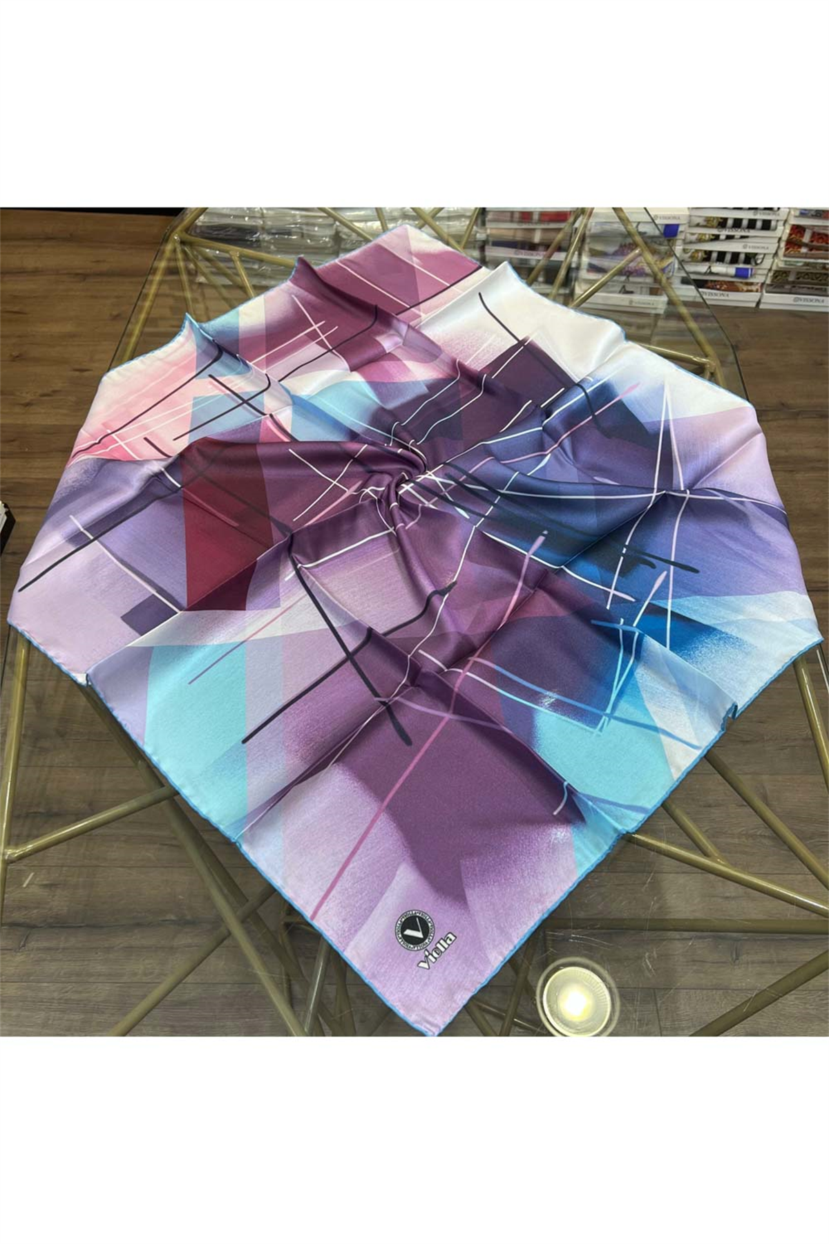 Kristal Geometrik Desenli Lila - Buz Mavisi Renkli 90x90 Eşarp (İpek İçermez) Kenar Dikiş Şekli El Dikişli