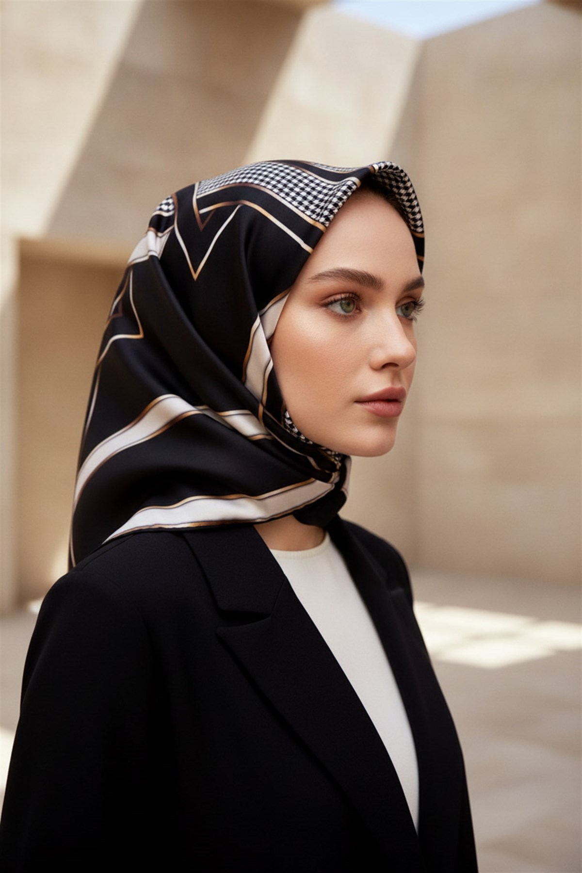 %100 Twill İpek Kareli Kazayaklı Desenli Siyah - Krem Renkli 90x90 Eşarp Kenar Dikiş Şekli El Dikişli