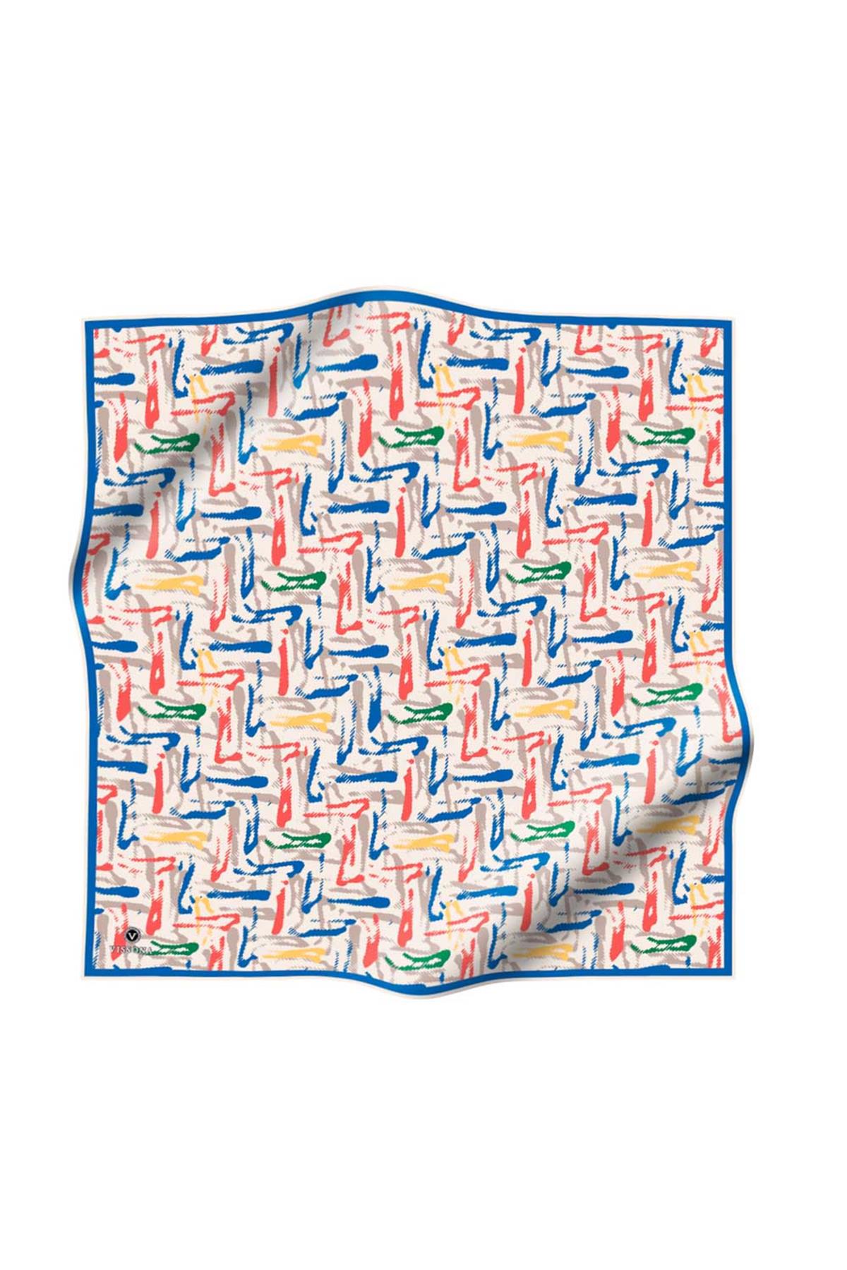 %100 Twill İpek Geometrik Desenli Nar Çiçeği - İndigo Renkli 90x90 Eşarp Dikim Şekli : El Dikişi