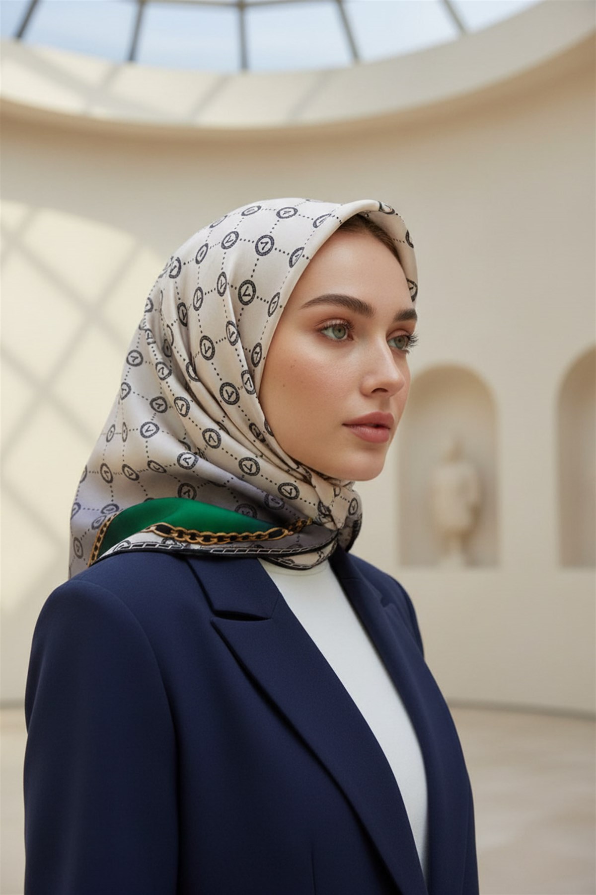 %100 Twill İpek Zincirli Ve Monogram Desenli Krem - Zümrüt Yeşili Renkli 90x90 Eşarp Dikim Şekli : El Dikişi