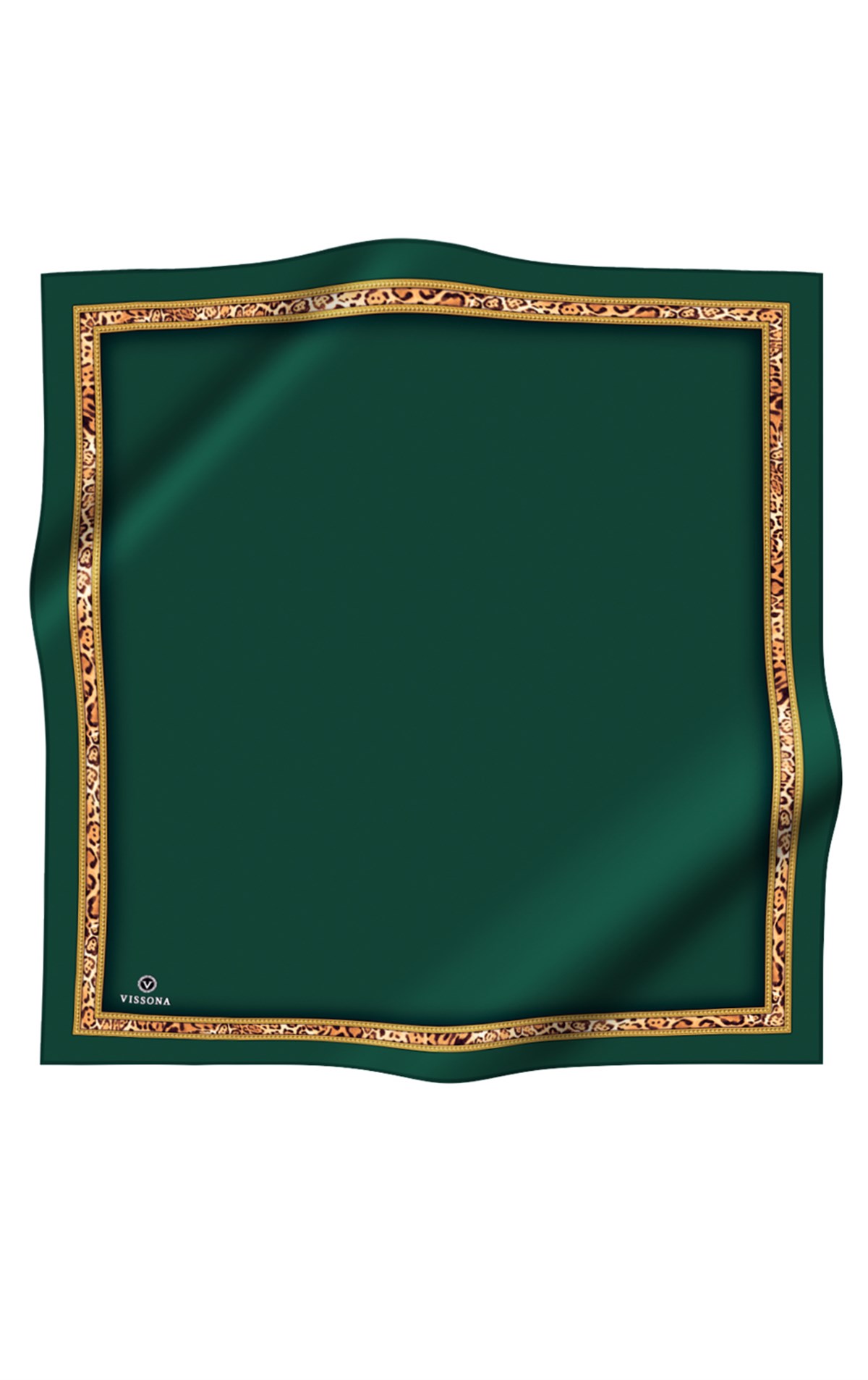 %100 Twill İpek Bordürü Leoparlı Düz Desenli Zümrüt Yeşili - Gold Renkli 90x90 Eşarp Dikim Şekli : El Dikişi