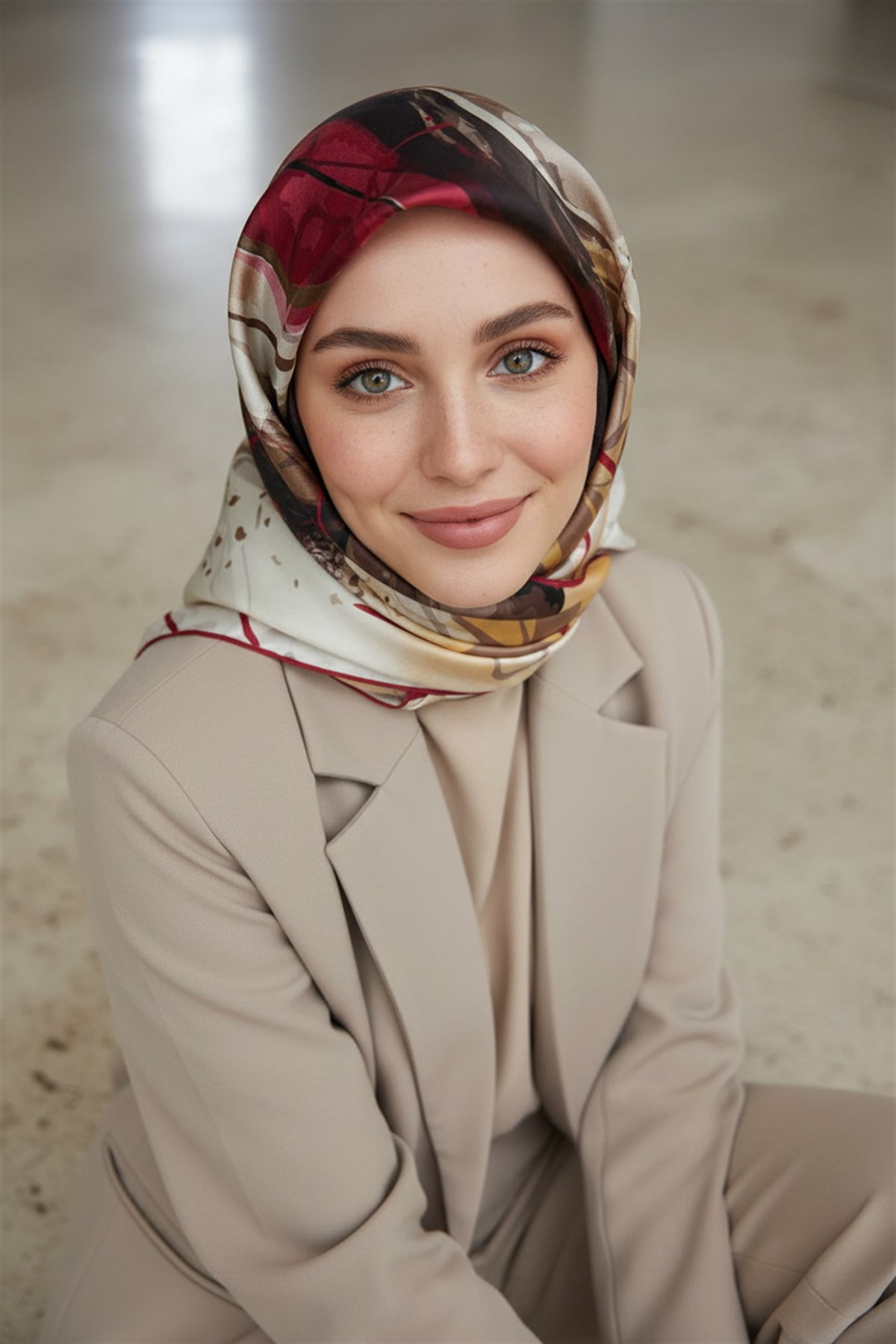 %100 Twill İpek Çiçekli Sulu Boya Dalga Desenli Bej - Bordo Renkli 90x90 Eşarp Dikim Şekli : El Dikişi