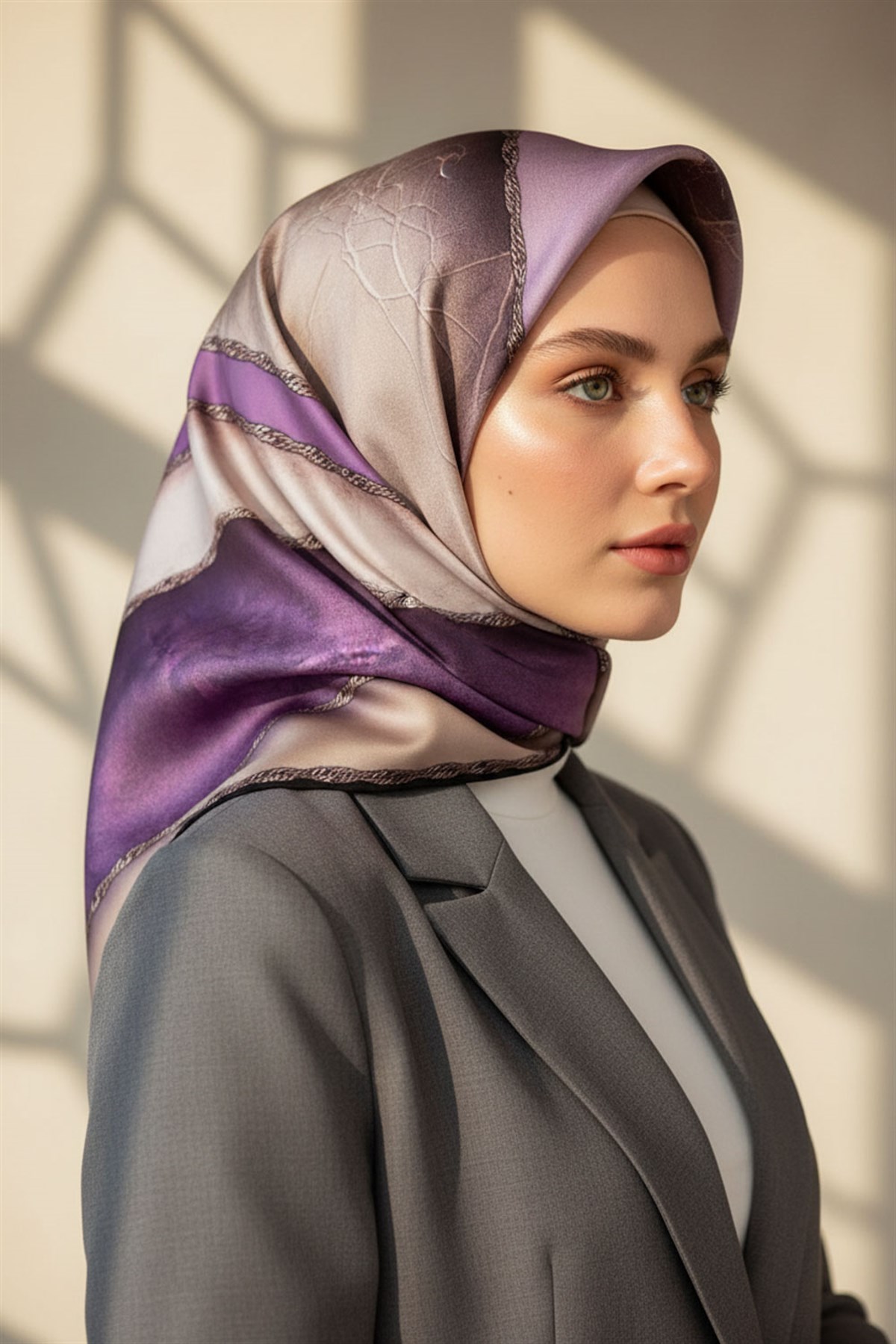 % 57 İPEK % 43 VİSKON Twill İpek Dokulu Geometrik Desenli Lila - Bej Renkli 90x90 Eşarp Dikim Şekli : El Dikişi