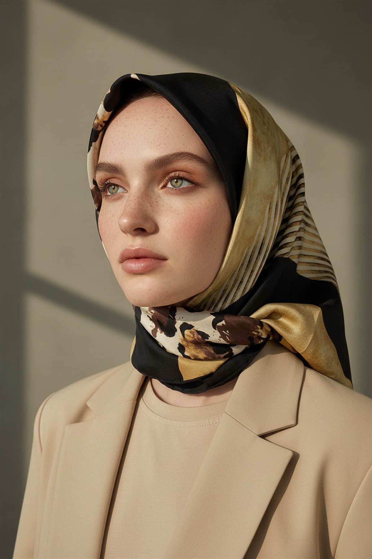 %100 Twill İpek Leopar Ve Geometrik Desenli Hardal Renkli 90x90 Eşarp Dikim Şekli : El Dikişi