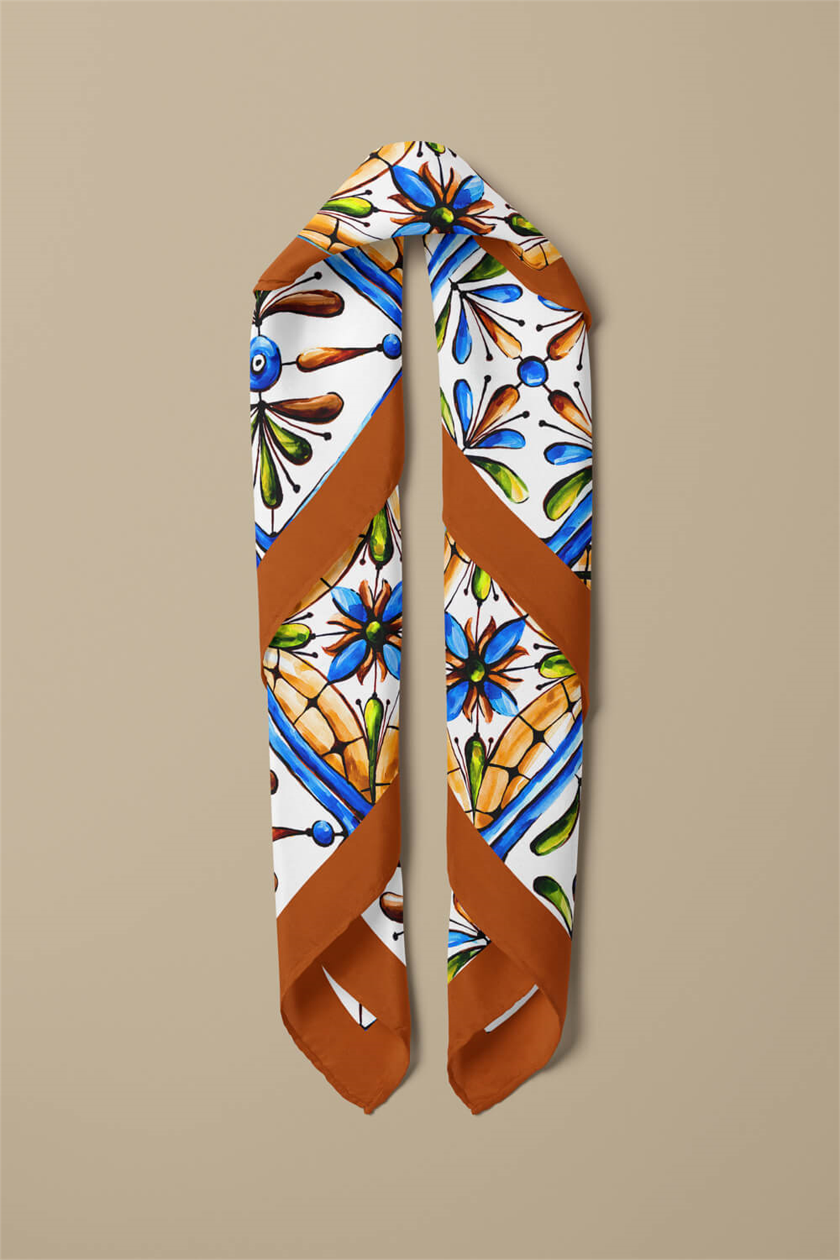 E29 Kadın Kareli Desenli Bandana 50x50 Mavi Sarı DG0338-22