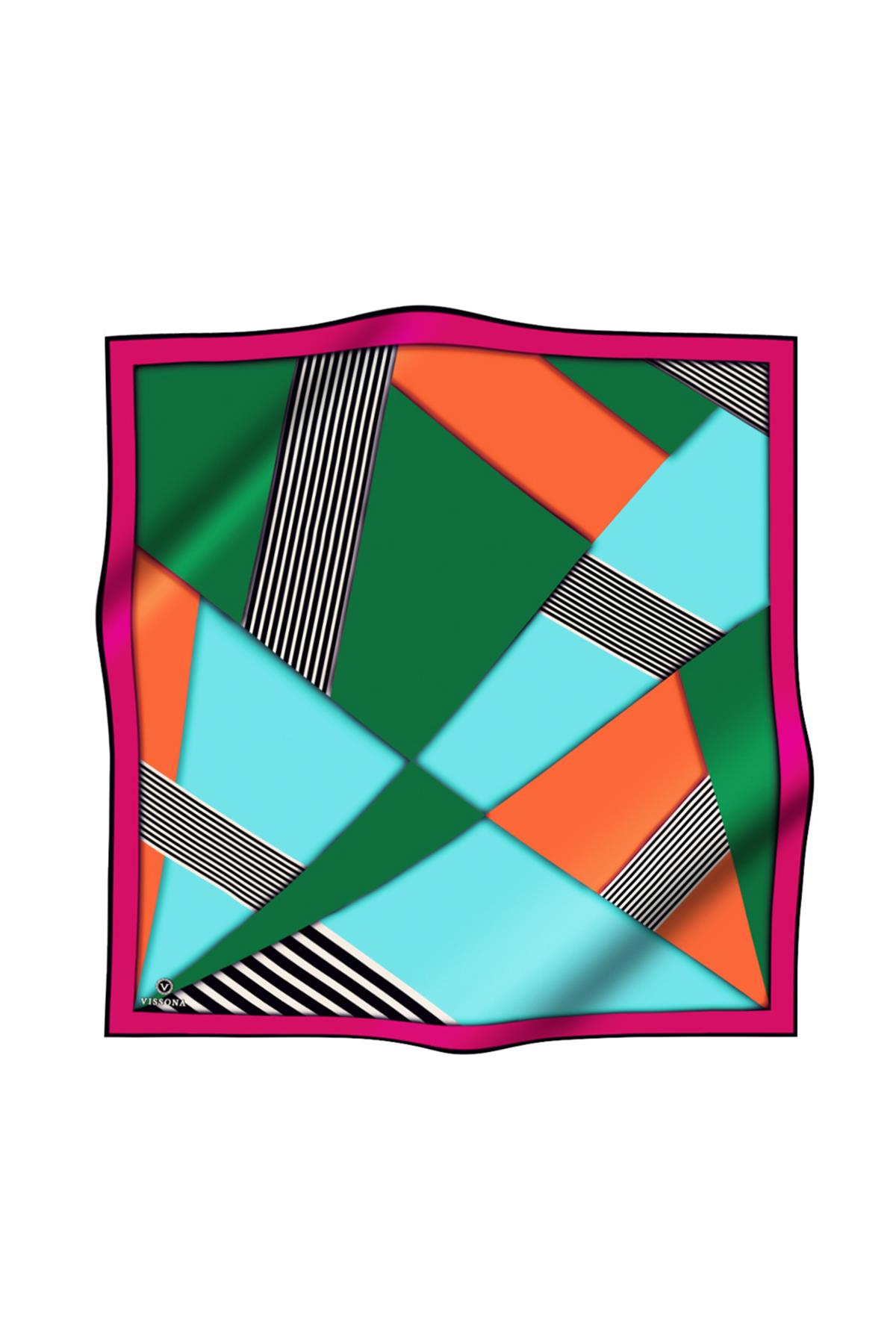 %100 Twill İpek Çizgili ve Geometrik Desenli Zümrüt Yeşili - Fuşya Renkli 90x90 Eşarp Dikim Şekli : El Dikişi