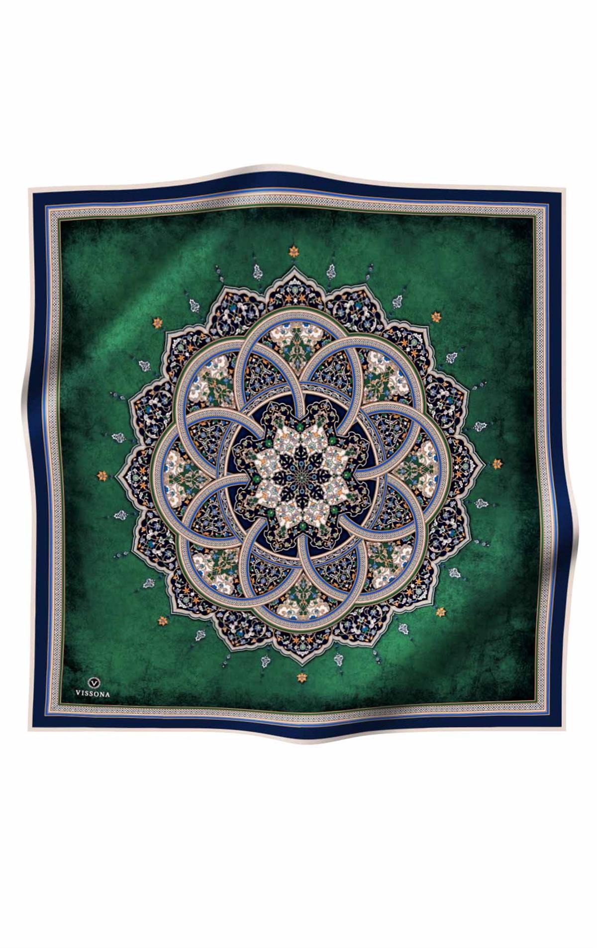 %100 Twill İpek Şal Desenli Zümrüt Yeşili - İndigo Renkli 90x90 Eşarp Dikim Şekli : El Dikişi