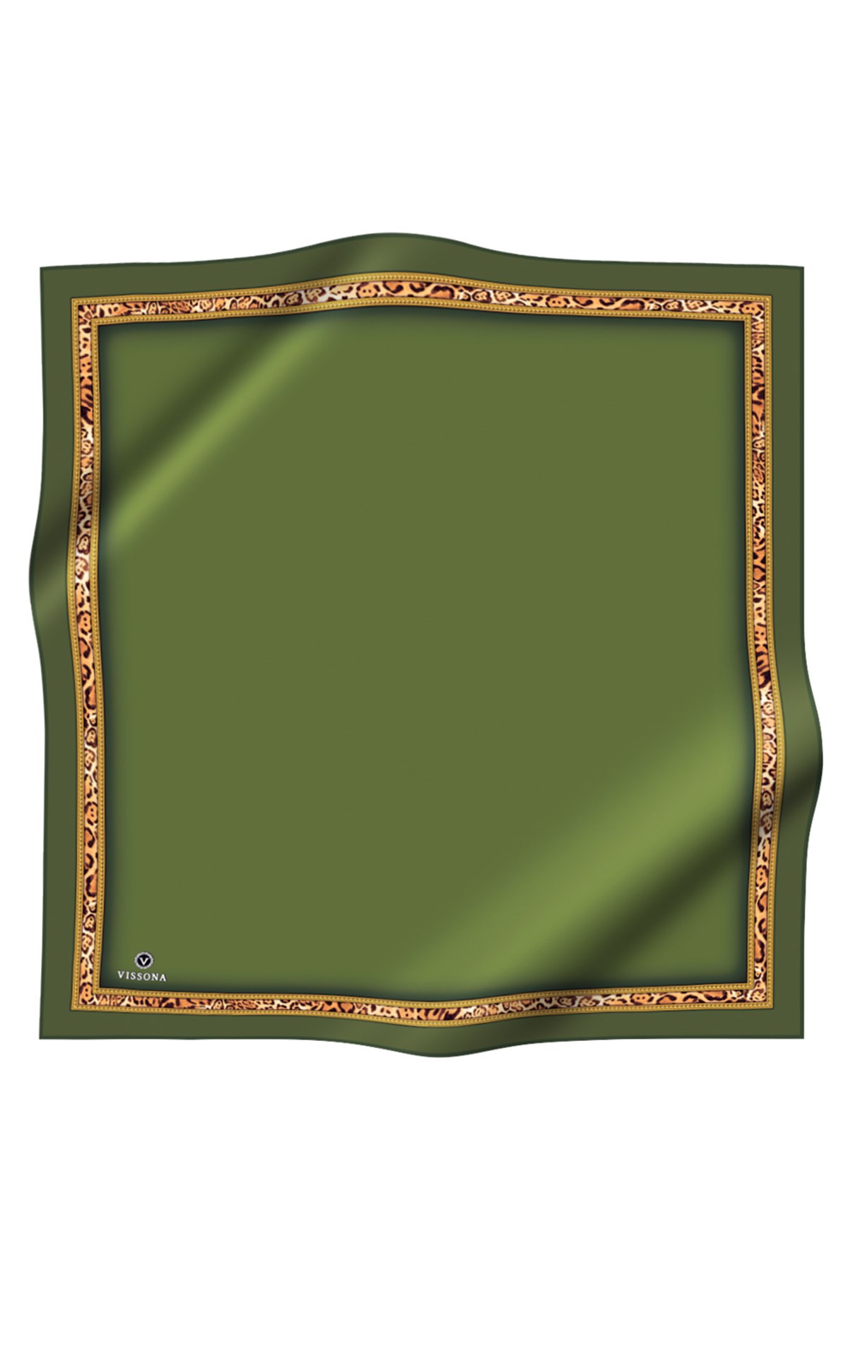 %100 Twill İpek Bordürü Leoparlı Düz Desenli Haki - Gold Renkli 90x90 Eşarp Dikim Şekli : El Dikişi