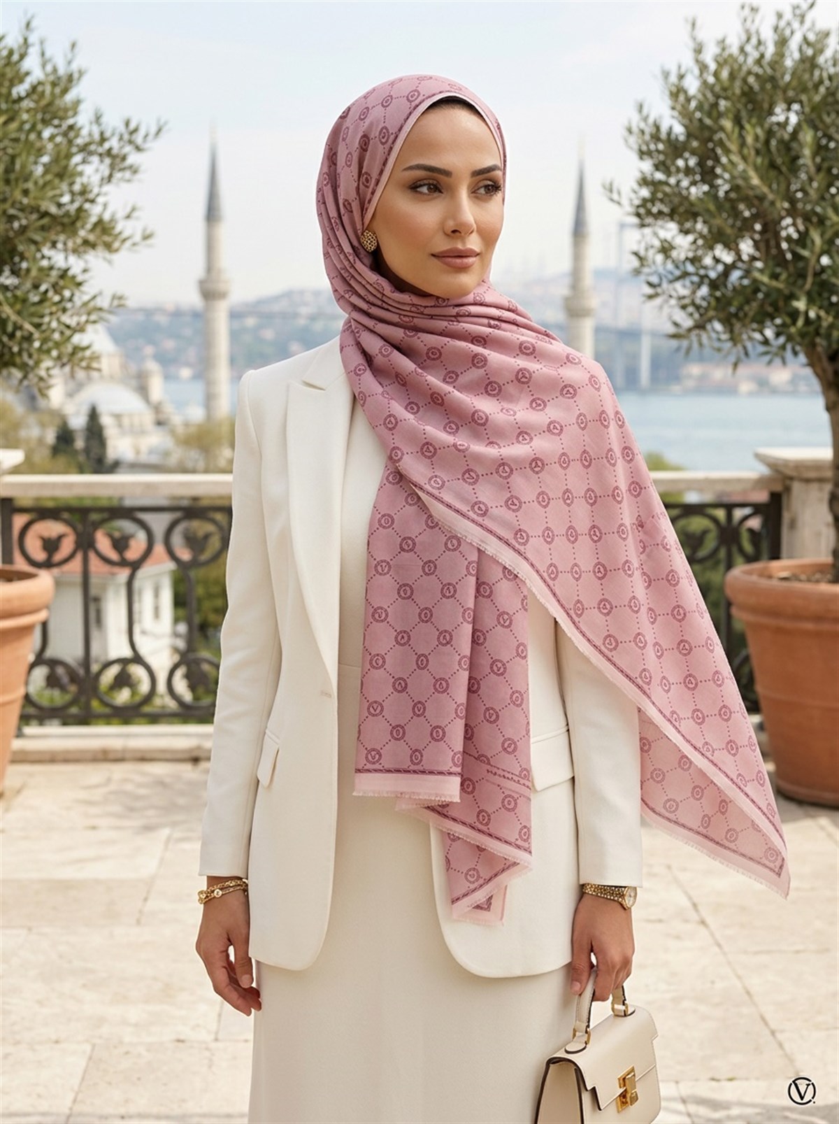 %100 Saf İpek Şal İnce Saten Vual Dokuma V Logo Desenli Gül Kurusu Renkli 90x210 Şal