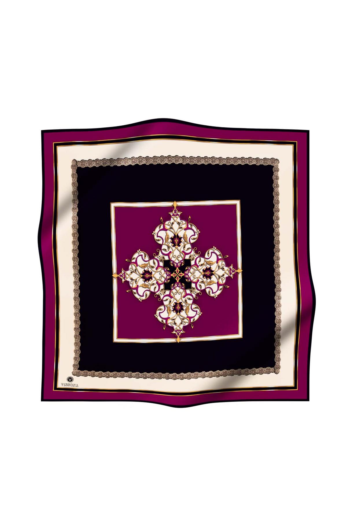 %100 Twill Barok Desenli Mürdüm - Siyah Renkli 90x90 Eşarp Dikim Şekli: El Dikişi