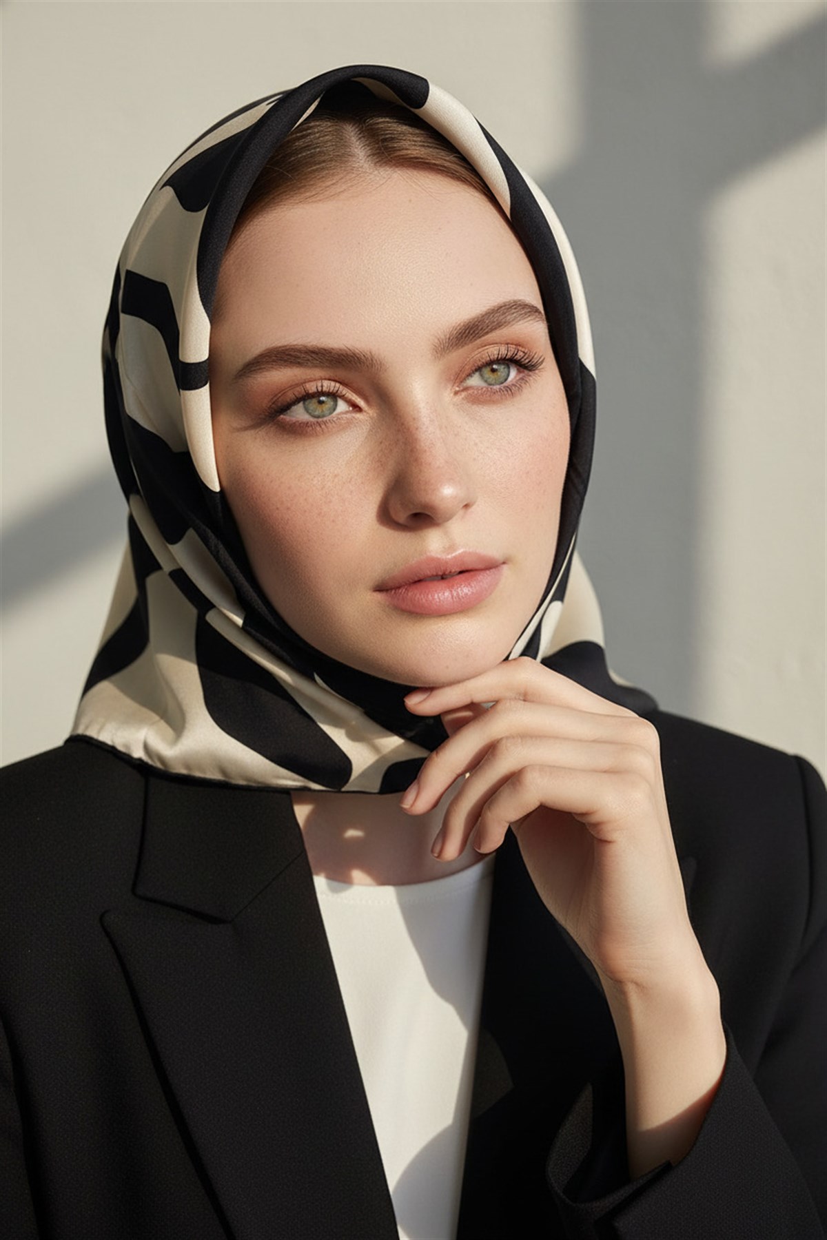 100% Twill İpek Dalga Desenli Siyah - Krem Renkli 90x90 Dikim Şekli : El Dikişi Eşarp