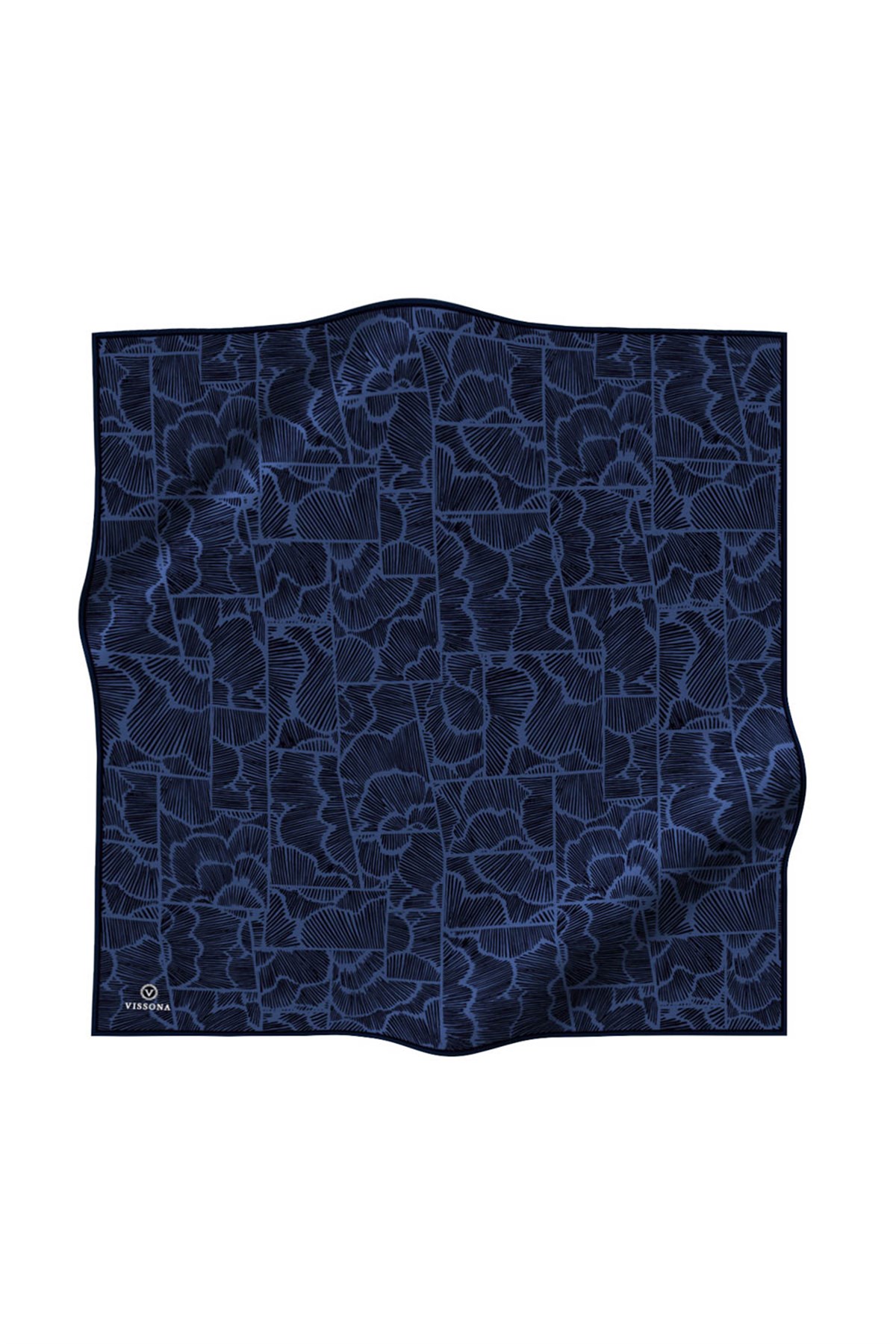 %100 Twill İpek Geometrik Desenli İndigo - Lacivert Renkli 90x90 Eşarp Dikim Şekli : El Dikişi