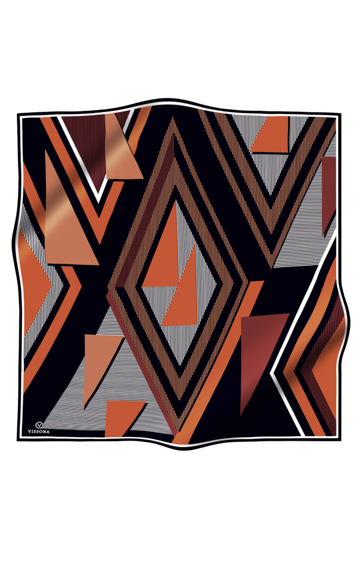 % 57 İPEK % 43 VİSKON Twill İpek Geometrik Desenli Taba - Siyah Renkli 90x90 Eşarp Dikim Şekli : El Dikişi