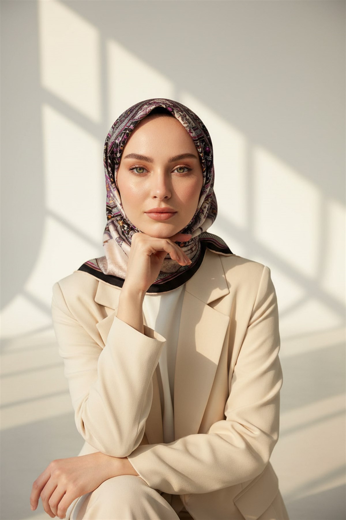 %100 Twill İpek Şal Desenli Siyah - Mürdüm Renkli 90x90 Eşarp Dikim Şekli : El Dikişi