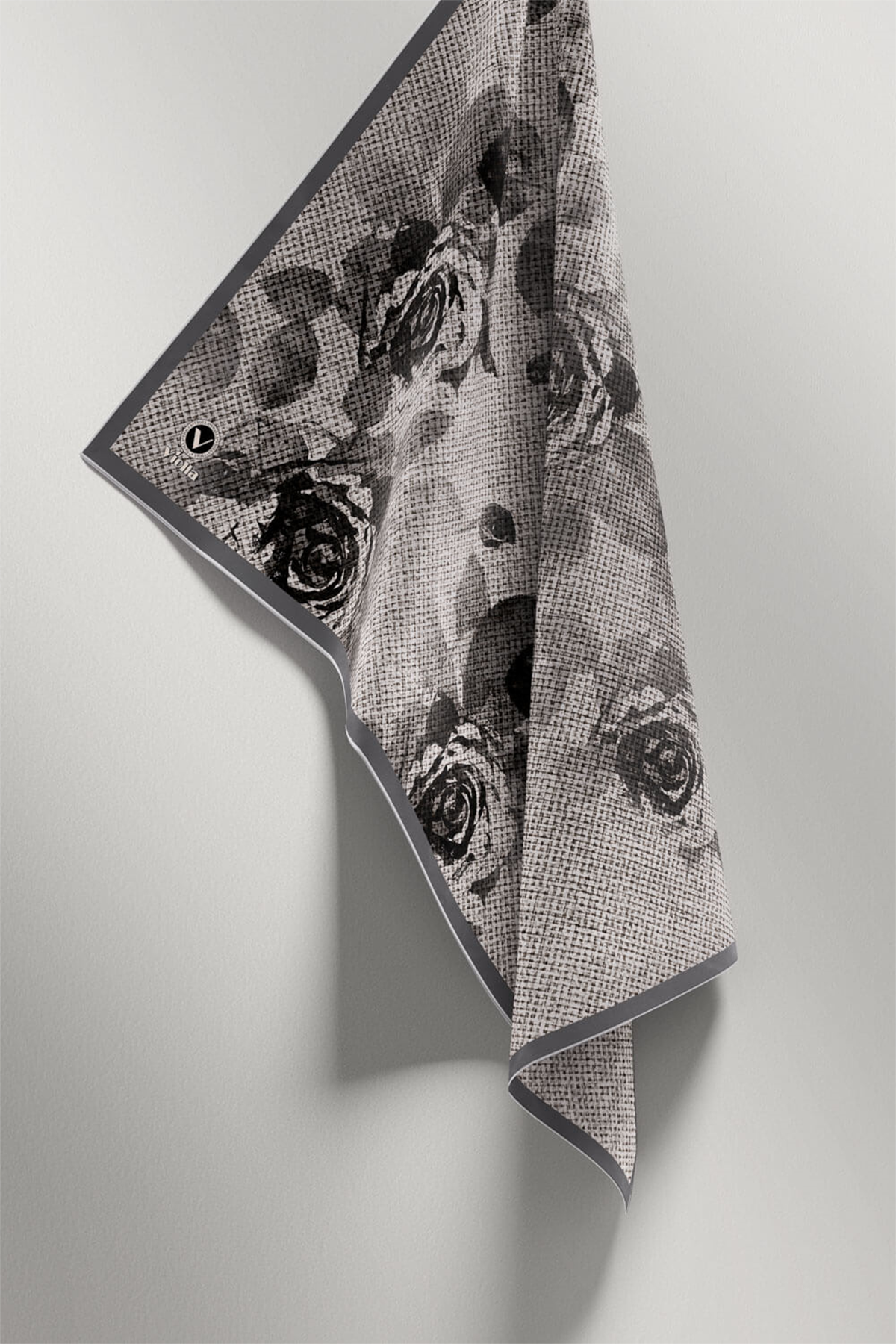 Twill Gül Desenli Gri Renkli 90x90 Eşarp (İpek İçermez) Kenar Dikiş Şekli El Dikişli