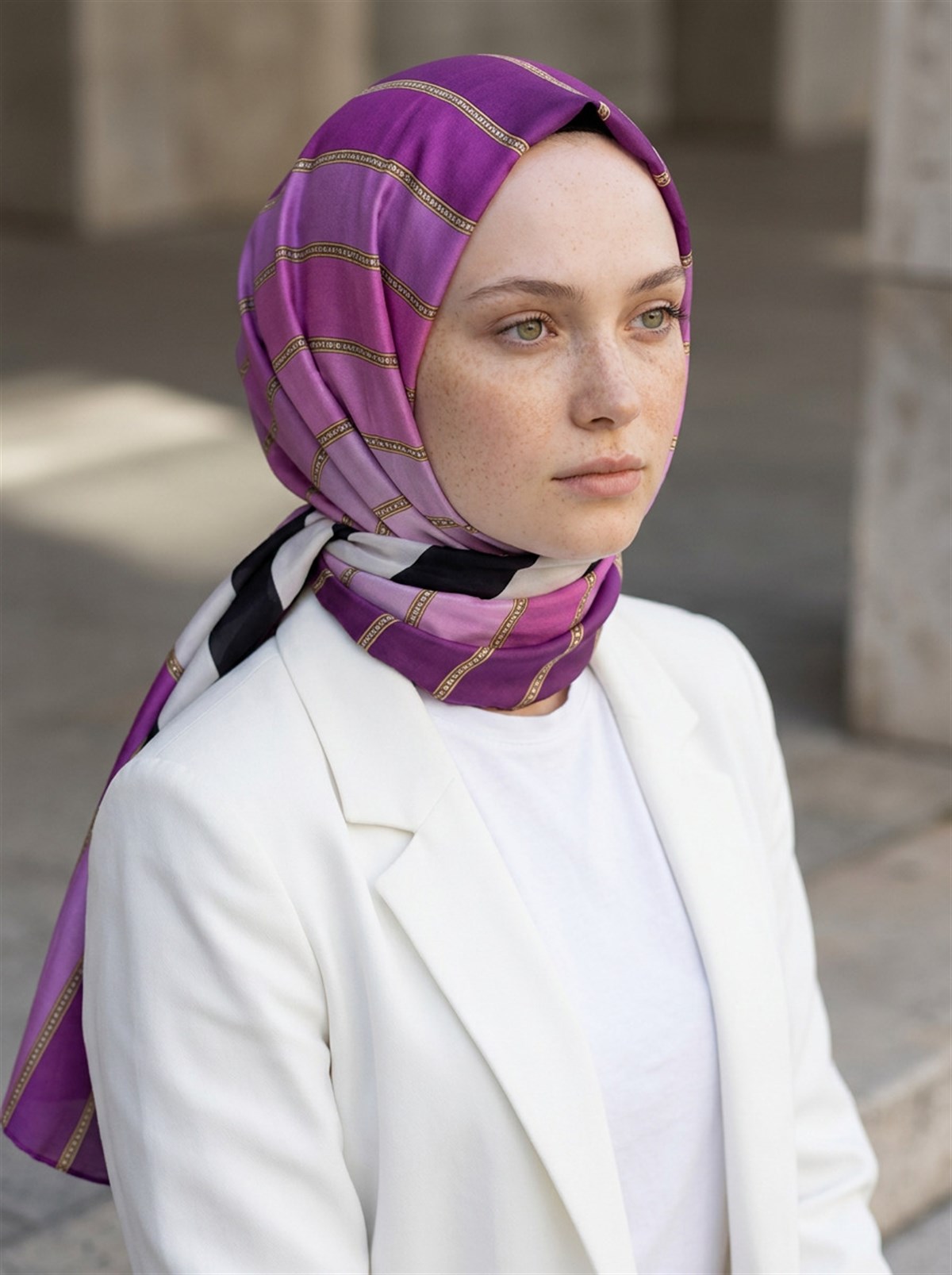 %100 Saf İpek Şal İnce Saten Vual Dokuma Şerit Desenli Mürdüm - Pembe Renkli 90x210 Şal