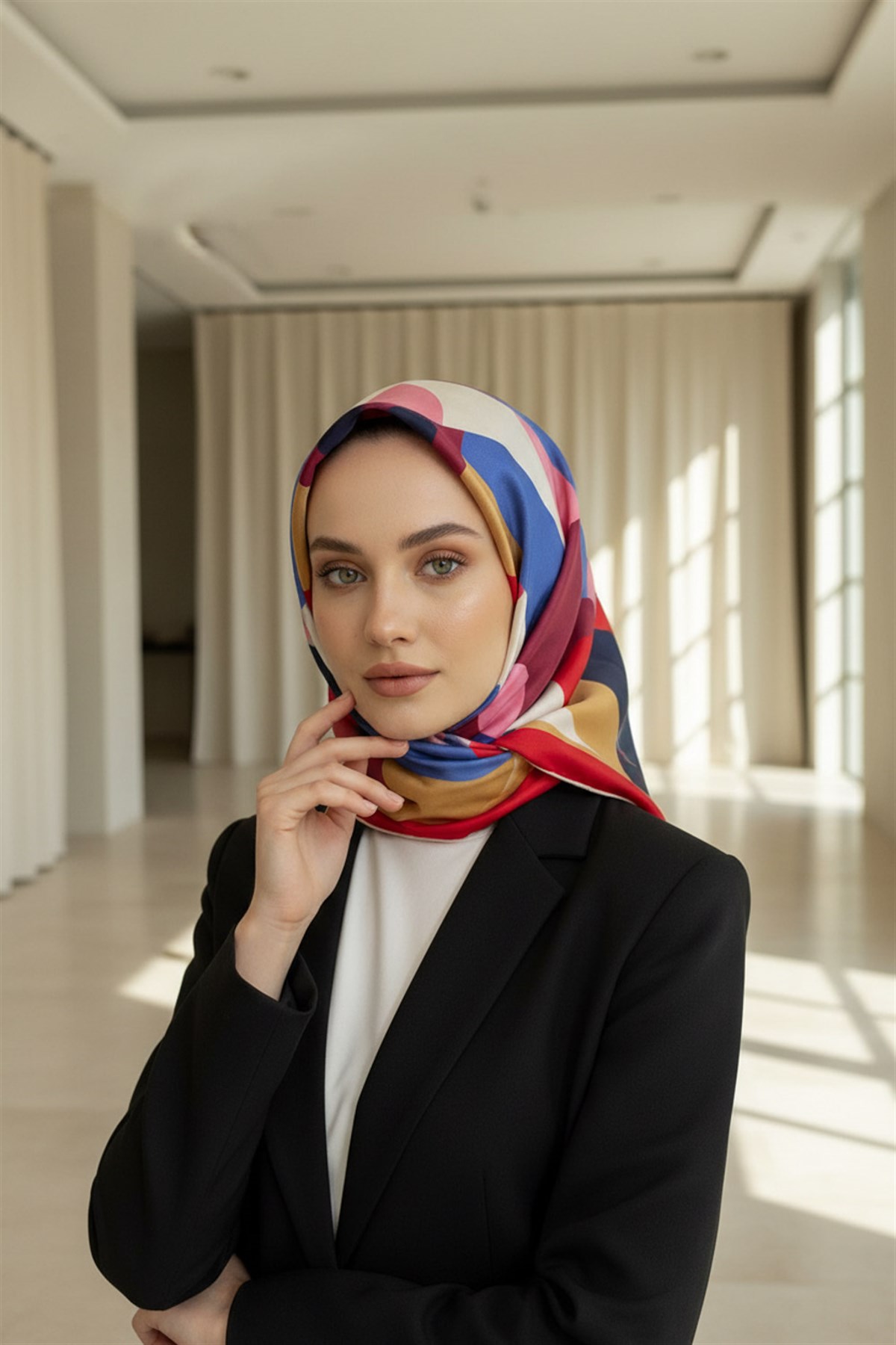 %100 Twill Renk Bloklu Çizgili Desenli Kırmızı - Lacivert Renkli 90x90 Eşarp Dikim Şekli: El Dikişii