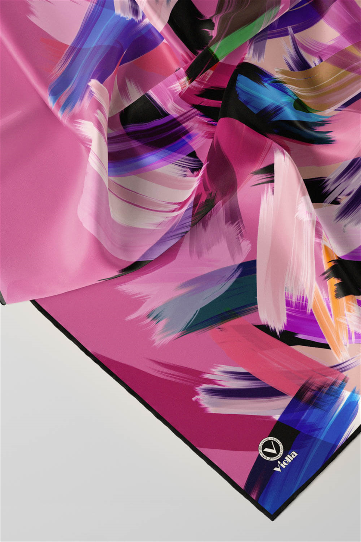 Twill Fırça Desenli Pembe Renkli 90x90 Eşarp (İpek İçermez) Kenar Dikiş Şekli El Dikişli