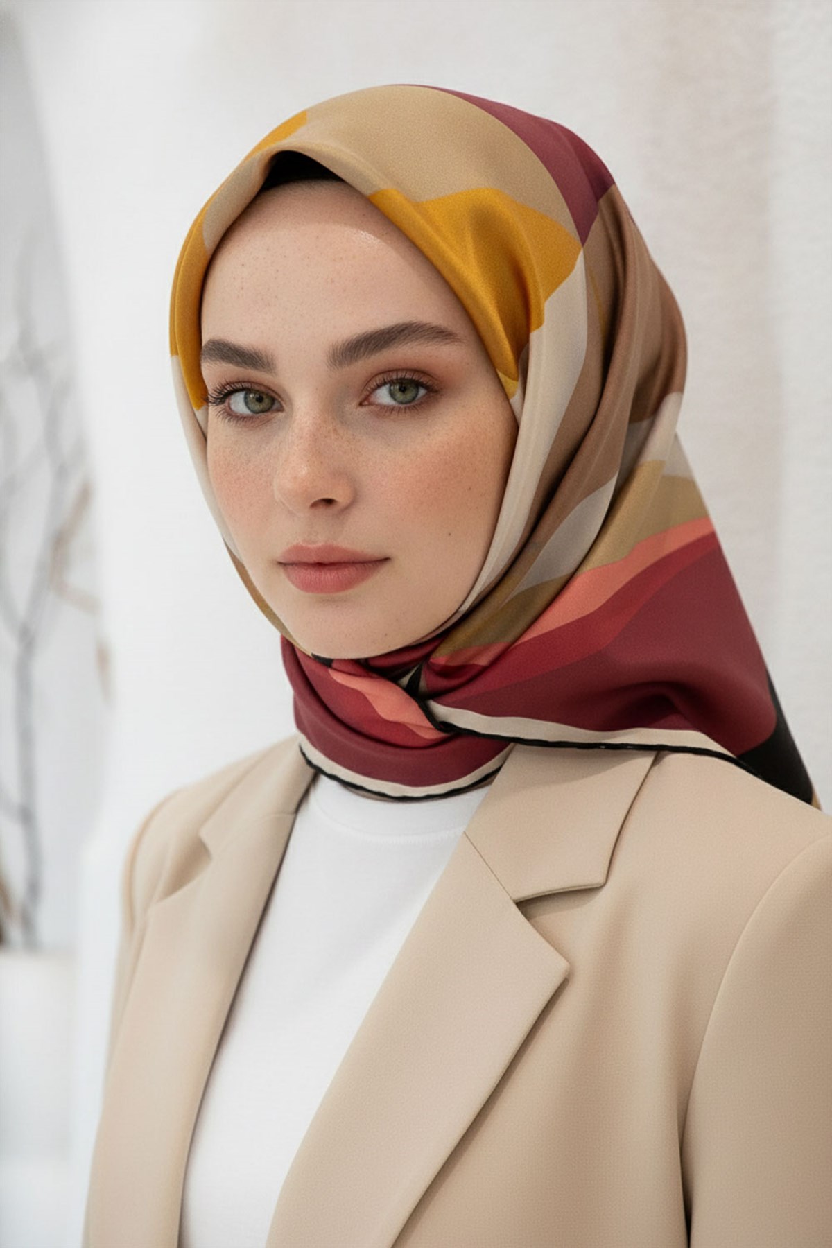 %100 Twill İpek Geometrik Desenli Bordo - Bej Renkli 90x90 Eşarp Dikim Şekli : El Dikişi