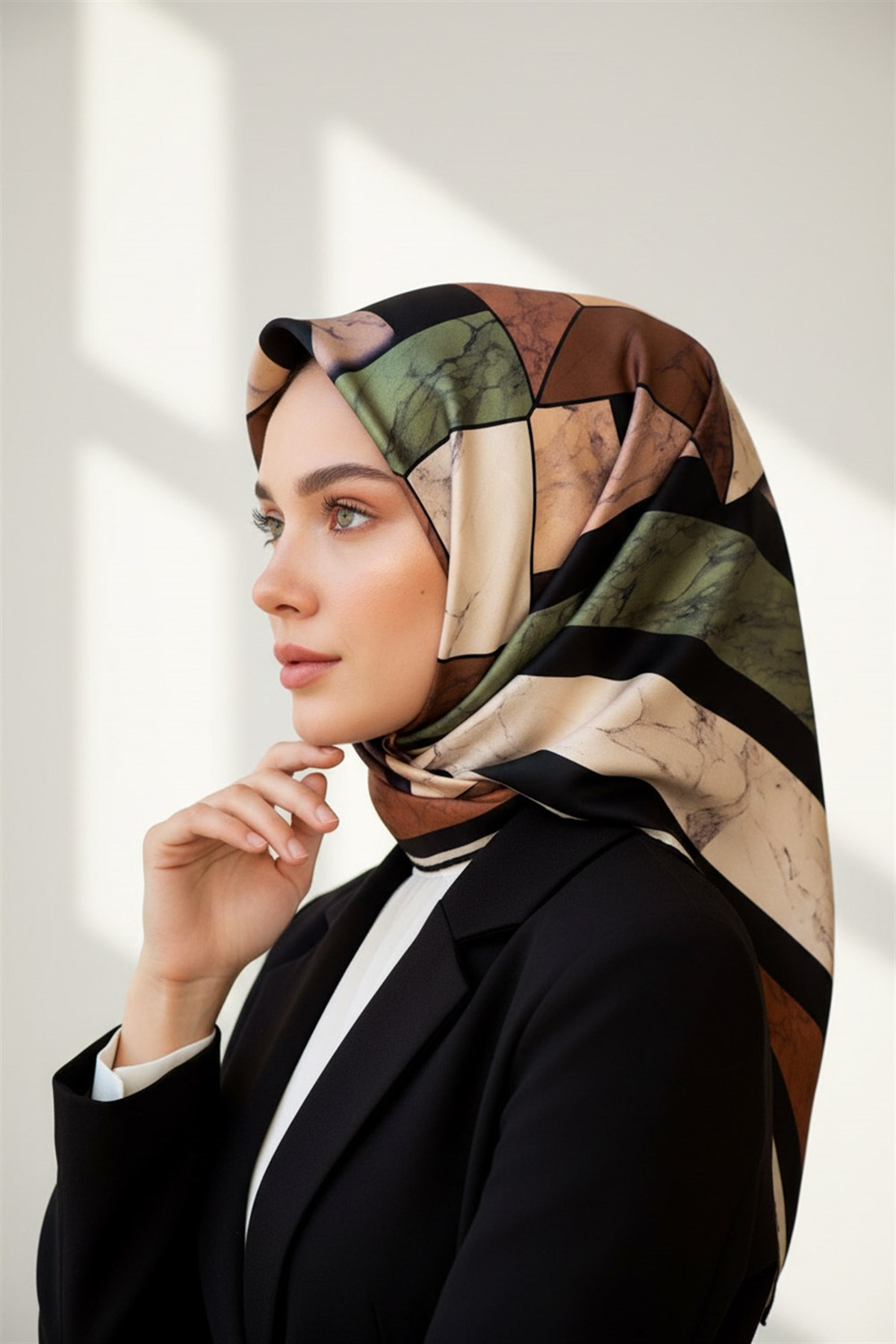 %100 Twill İpek Geometrik Mermer Desenli Haki - Bakır Renkli 90x90 Eşarp Dikim Şekli : El Dikişi