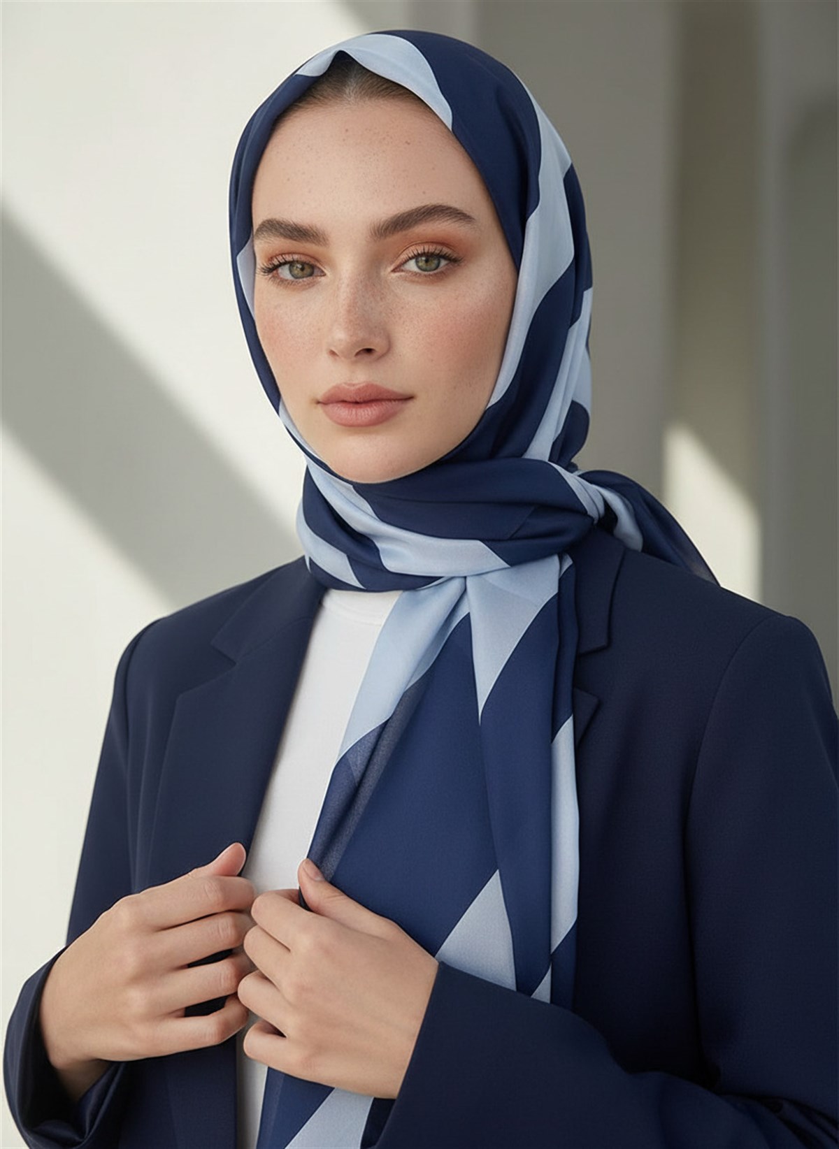 %100 Saf İpek Şal İnce Saten Vual Dokuma Çizgili Desenli Lacivert - Bebe Mavisi Renkli 90x210 Şal