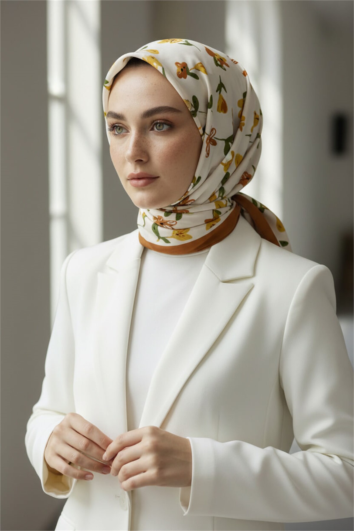 KREP ÇİÇEK DESENLİ HARDAL RENKLİ 75X195 KIRIŞMAZ ŞAL