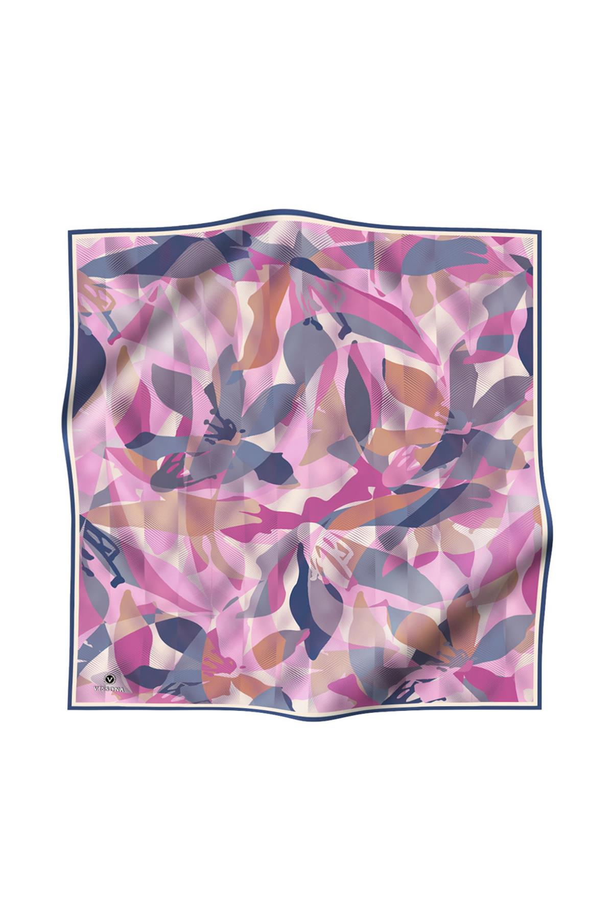 %100 Twill İpek Çiçek Desenli Pembe - İndigo Renkli 90x90 Eşarp Dikim Şekli : El Dikişi
