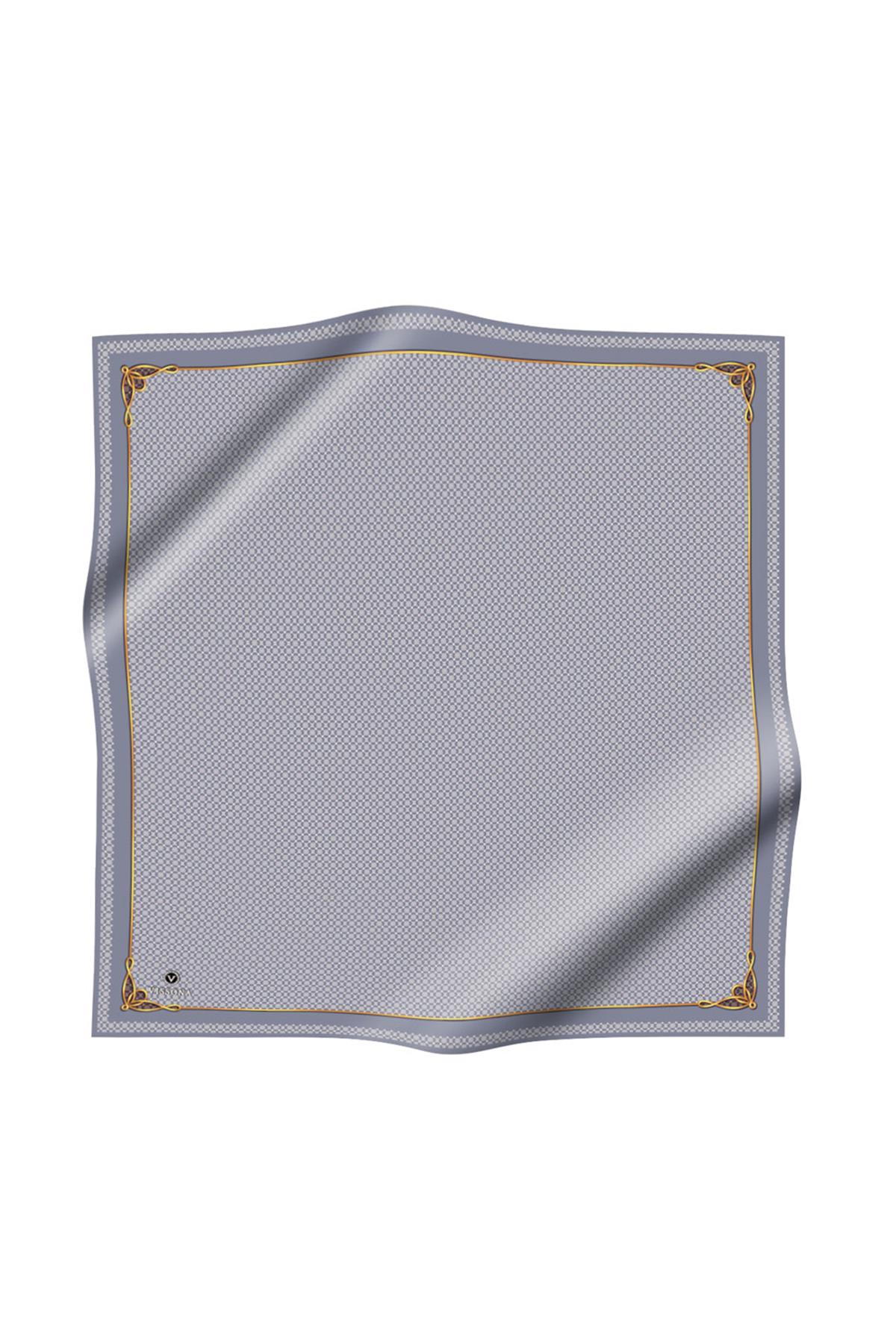 %100 Twill İpek Minik Motif Desenli Gri - Krem Renkli 90x90 Eşarp Dikim Şekli : El Dikişi