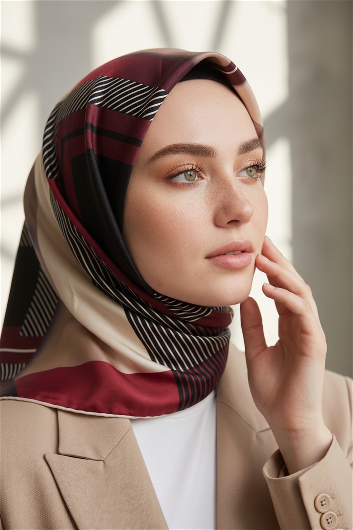 %100 Twill İpek Zebra Desenli Bej - Bordo Renkli 90x90 Eşarp Dikim Şekli : El Dikişi