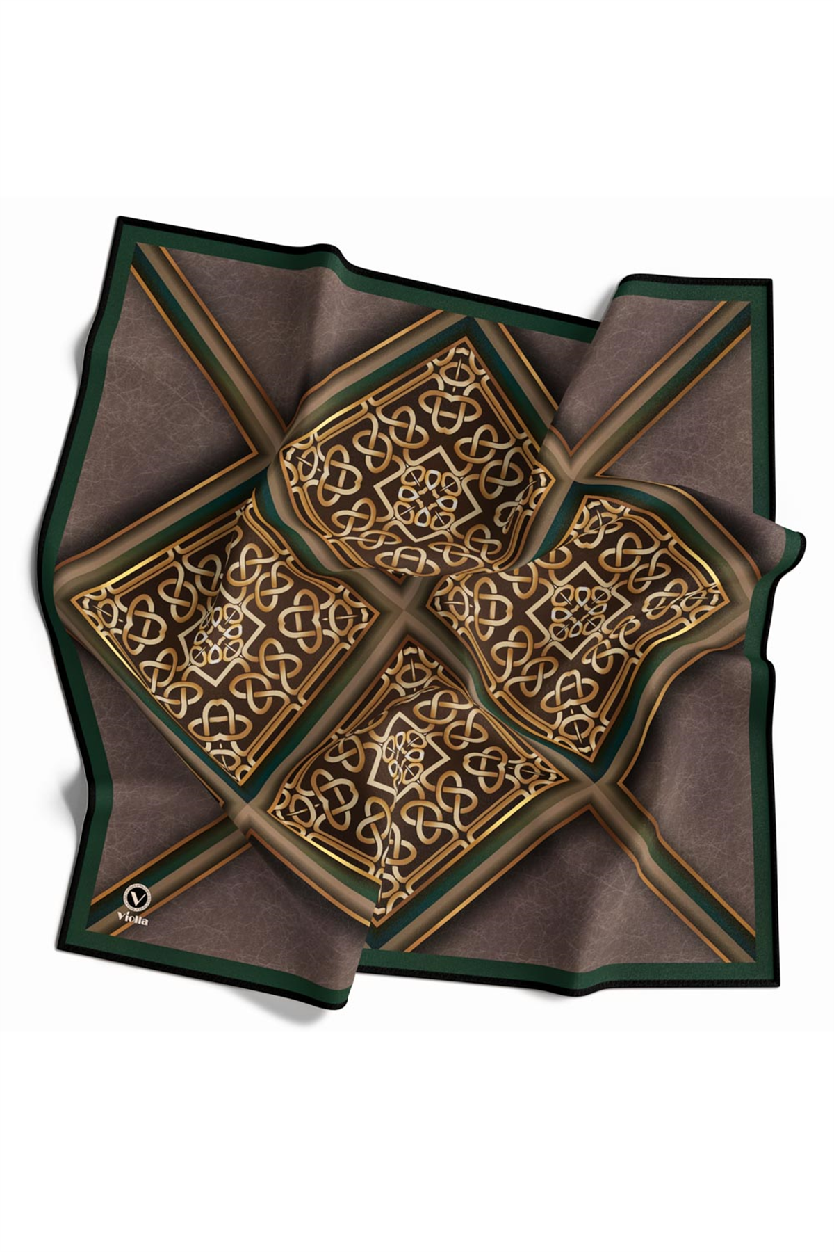 Twill Gold Çerçeveli Barok Desenli Zümrüt Yeşili Renkli 90x90 Eşarp (İpek İçermez) Kenar Dikiş Şekli El Dikişli