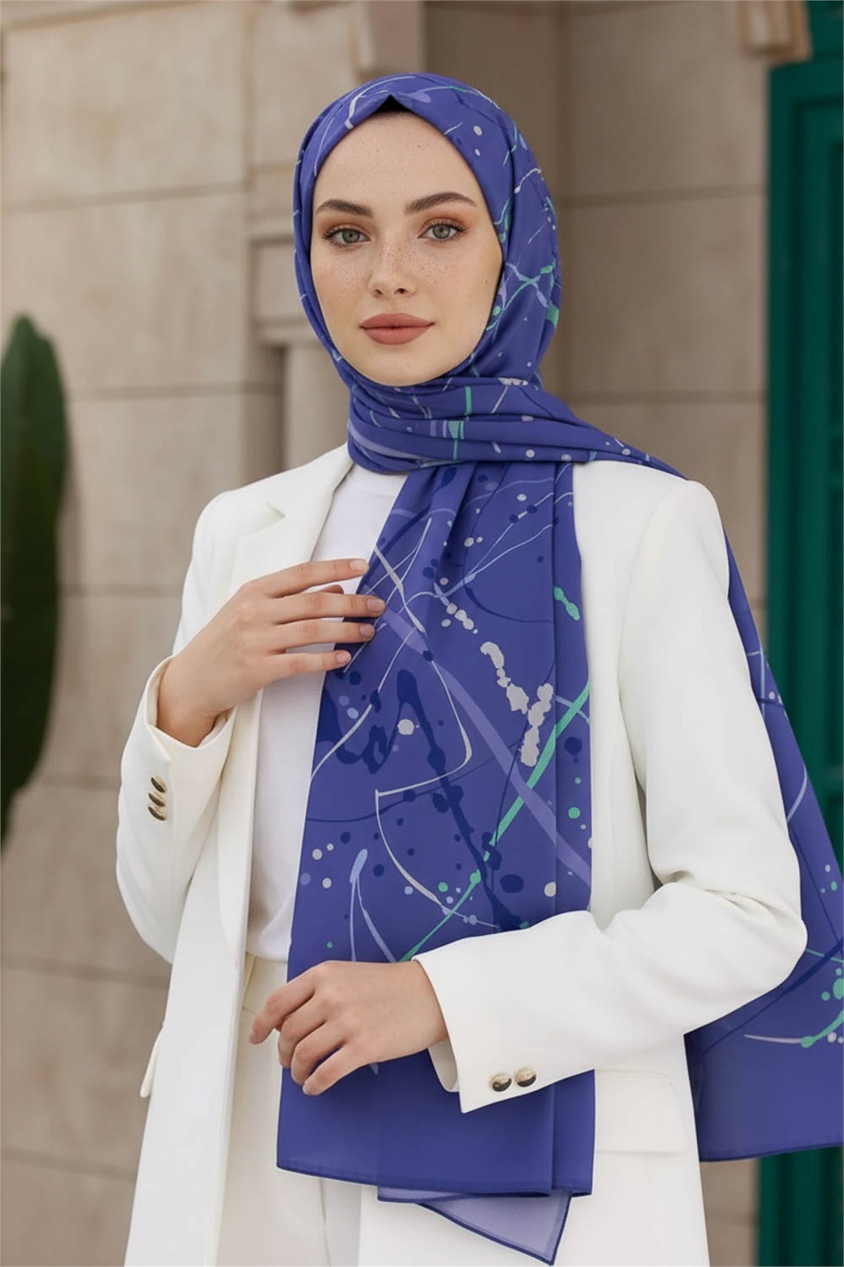 KREP BOYA DAMLASI DESENLİ İNDİGO RENKLİ 75X195 KIRIŞMAZ ŞAL