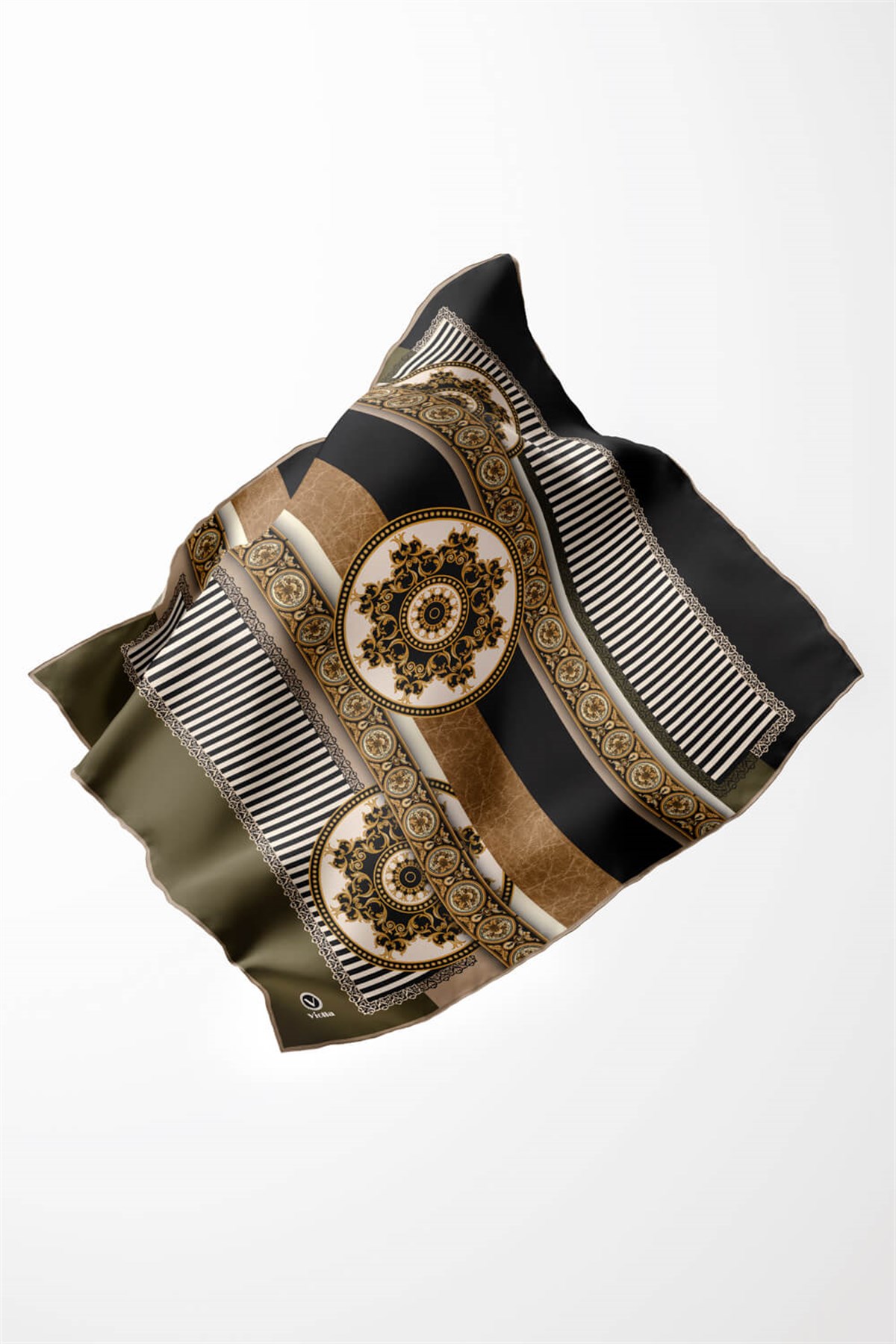 Twill Çizgili ve Barok Desenli Haki Renkli 90x90 Eşarp (İpek İçermez) Kenar Dikiş Şekli El Dikişli