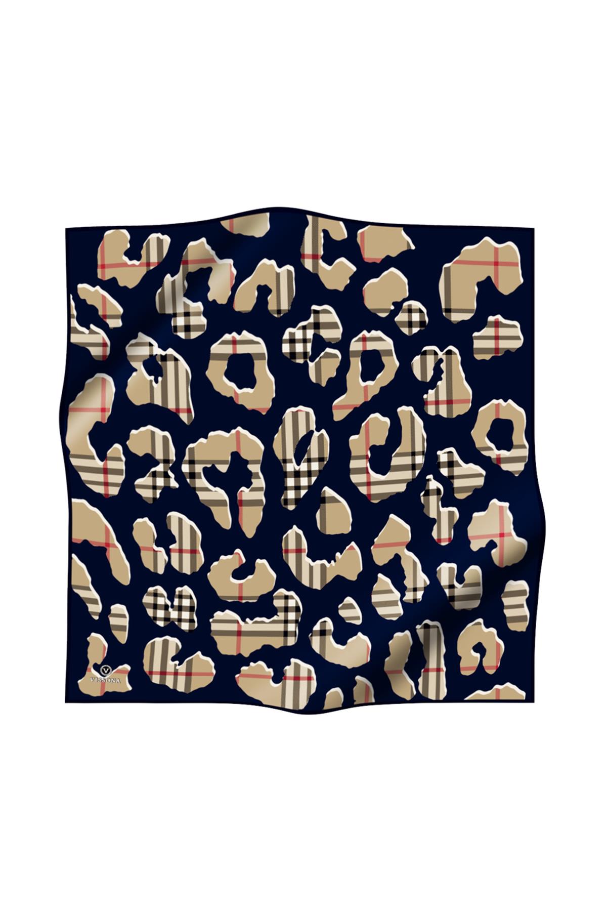 %100 Twill İpek Leopar Desenli Lacivert - Bej Renkli 90x90 Eşarp Dikim Şekli : El Dikişi