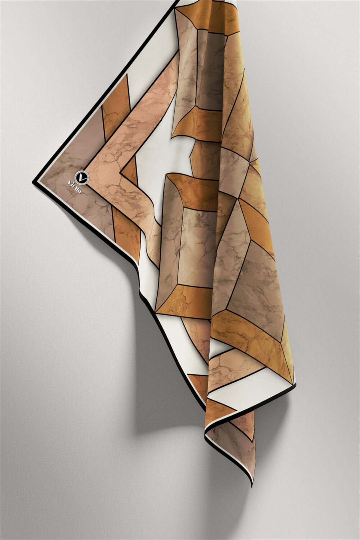 Twill Mermer Desenli Hardal - Bej Renkli 90x90 Eşarp (İpek İçermez) Kenar Dikiş Şekli El Dikişli