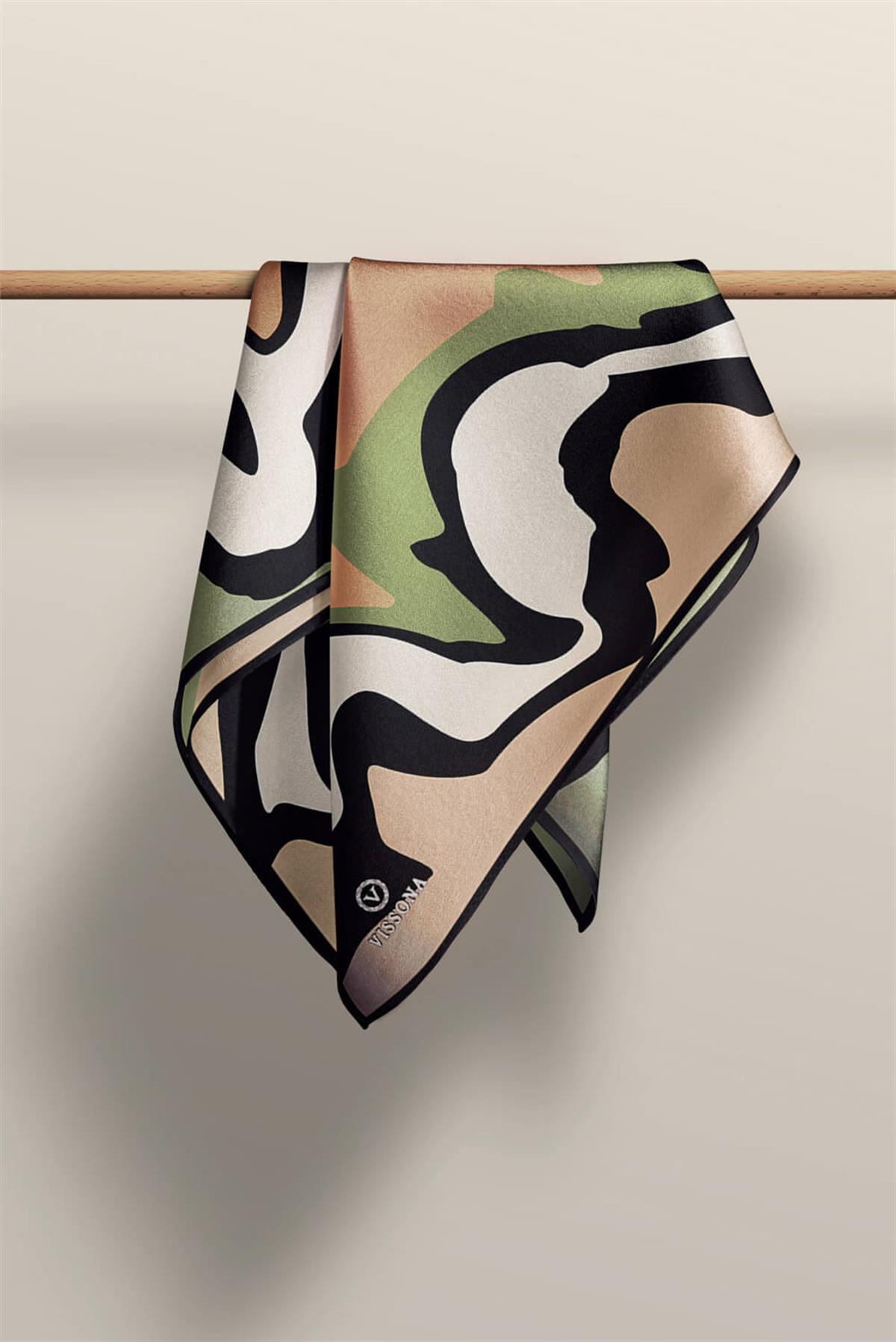 100% Twill İpek Dalga Desenli Bakır - Haki Renkli 90x90 Dikim Şekli : El Dikişi Eşarp