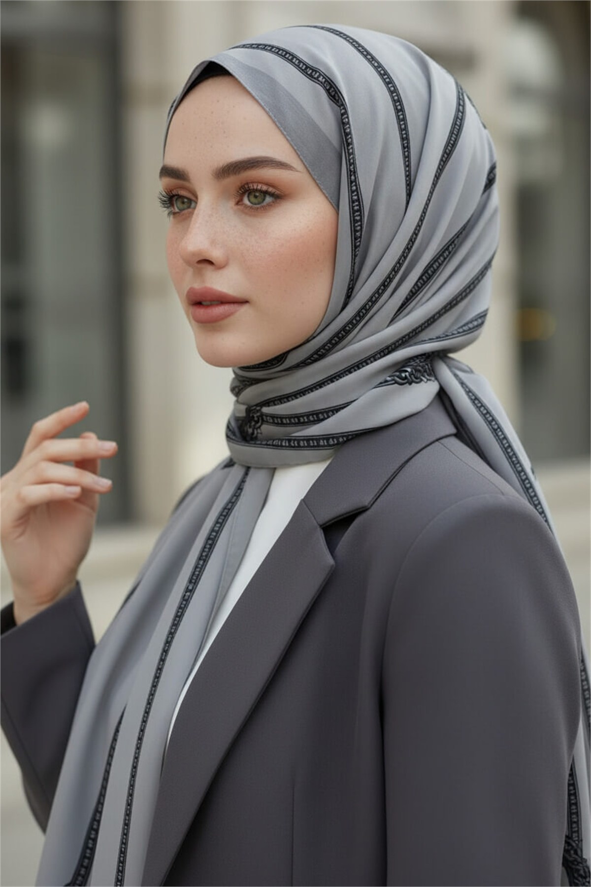 KREP ZİNCİR DESENLİ GRİ RENKLİ 75X195 KIRIŞMAZ ŞAL