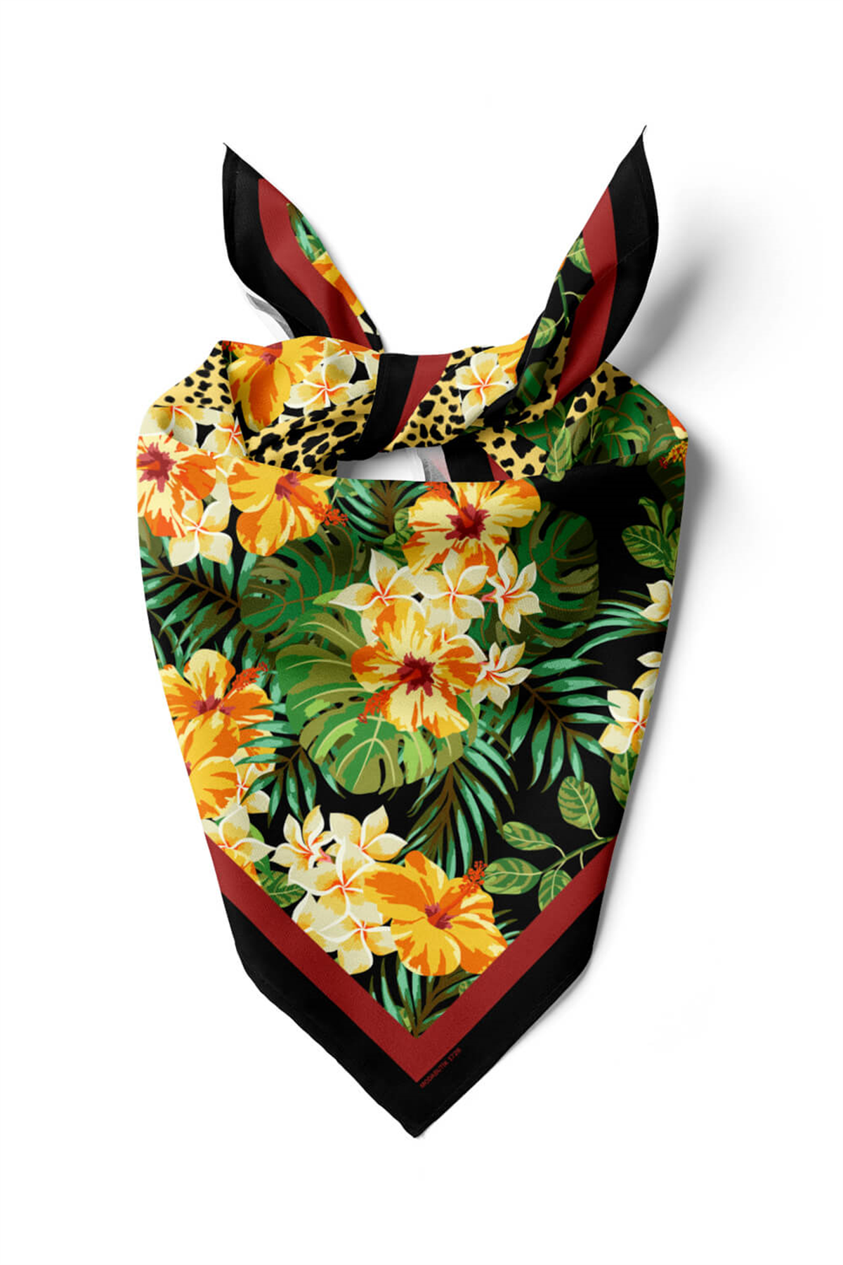 Kadın Turuncu Siyah Beyaz Çiçek Desenli 50x50 Bandana