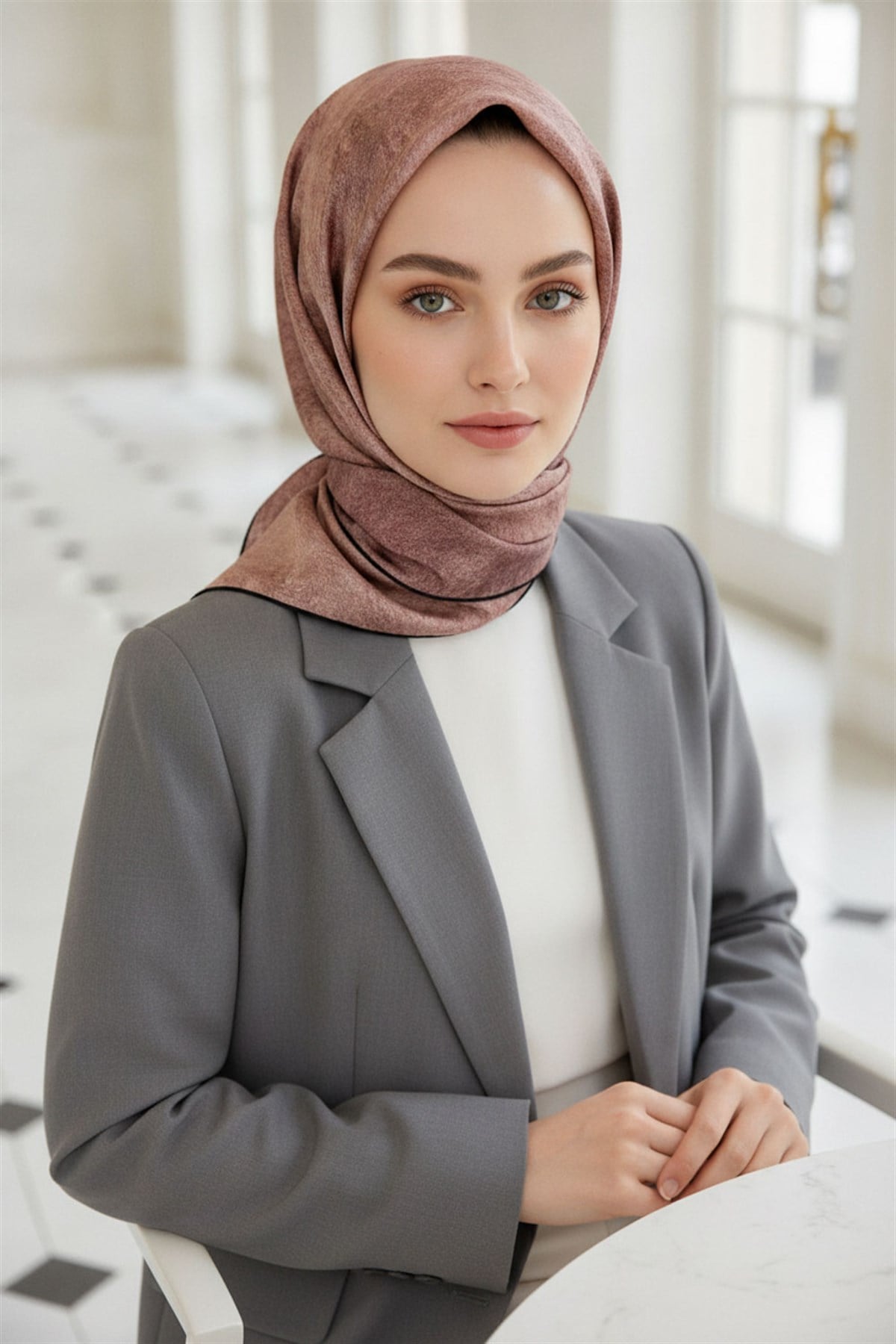 %100 Twill İpek Doku Desenli Pudra Renkli 90x90 Eşarp Dikim Şekli : El Dikişi
