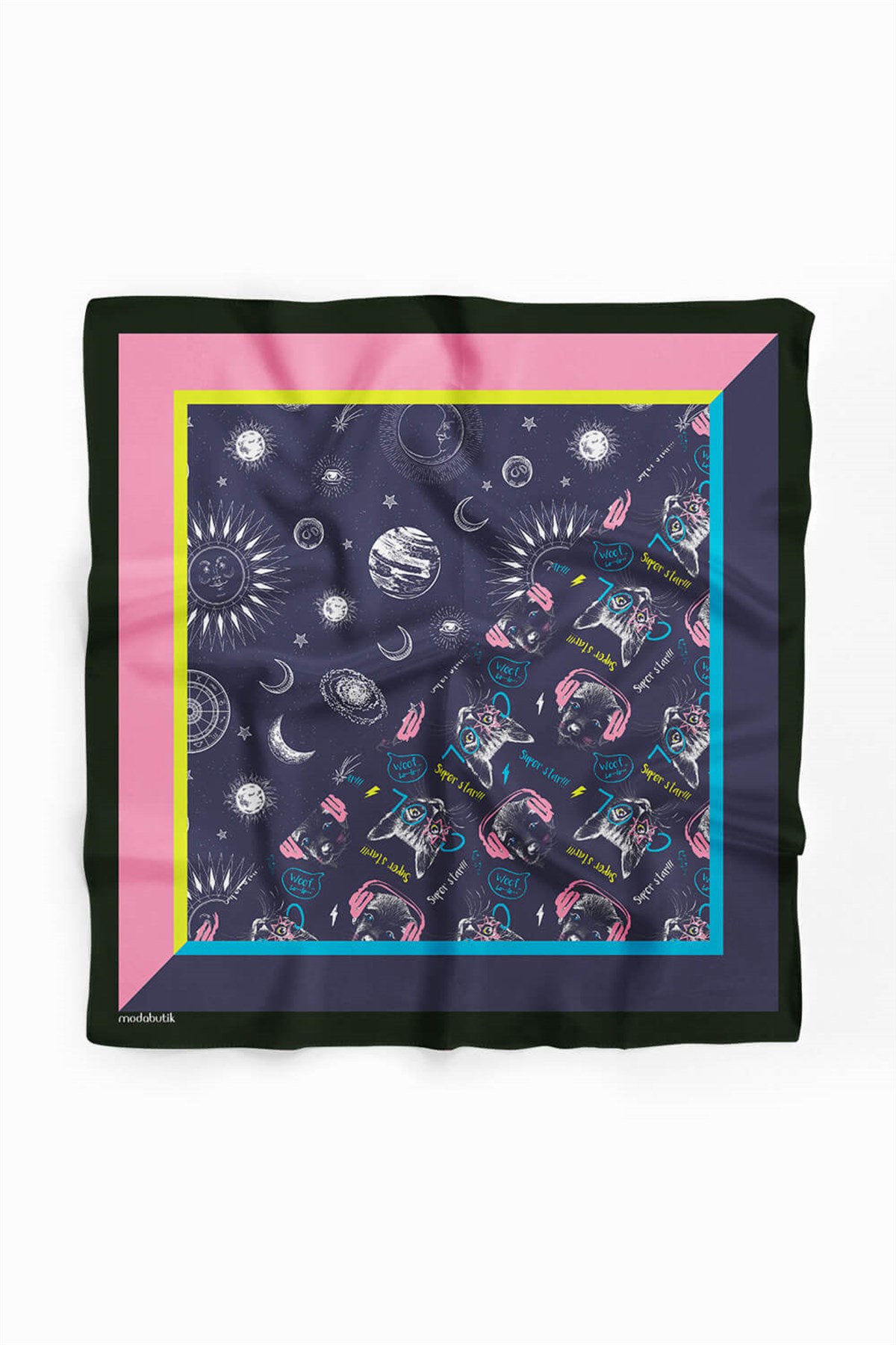 Violla H2 Kadın Mavi Süper Star Desenli 50x50 Bandana